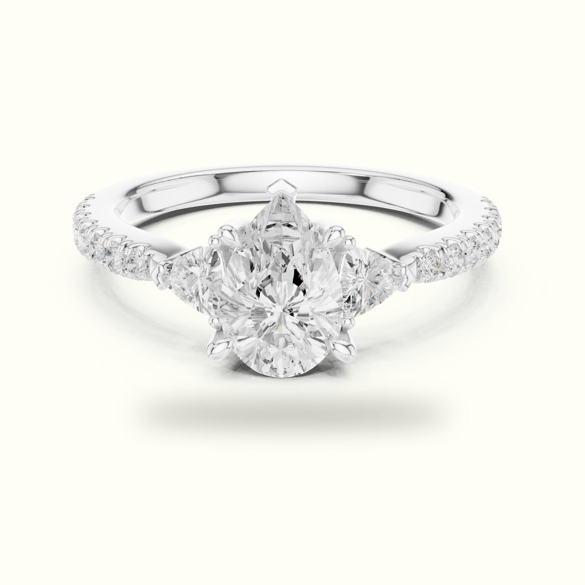 Pear Three-Stone with Accent Band Lab-Grown Diamond Ring — White gold, front view | Crystal N Cuts