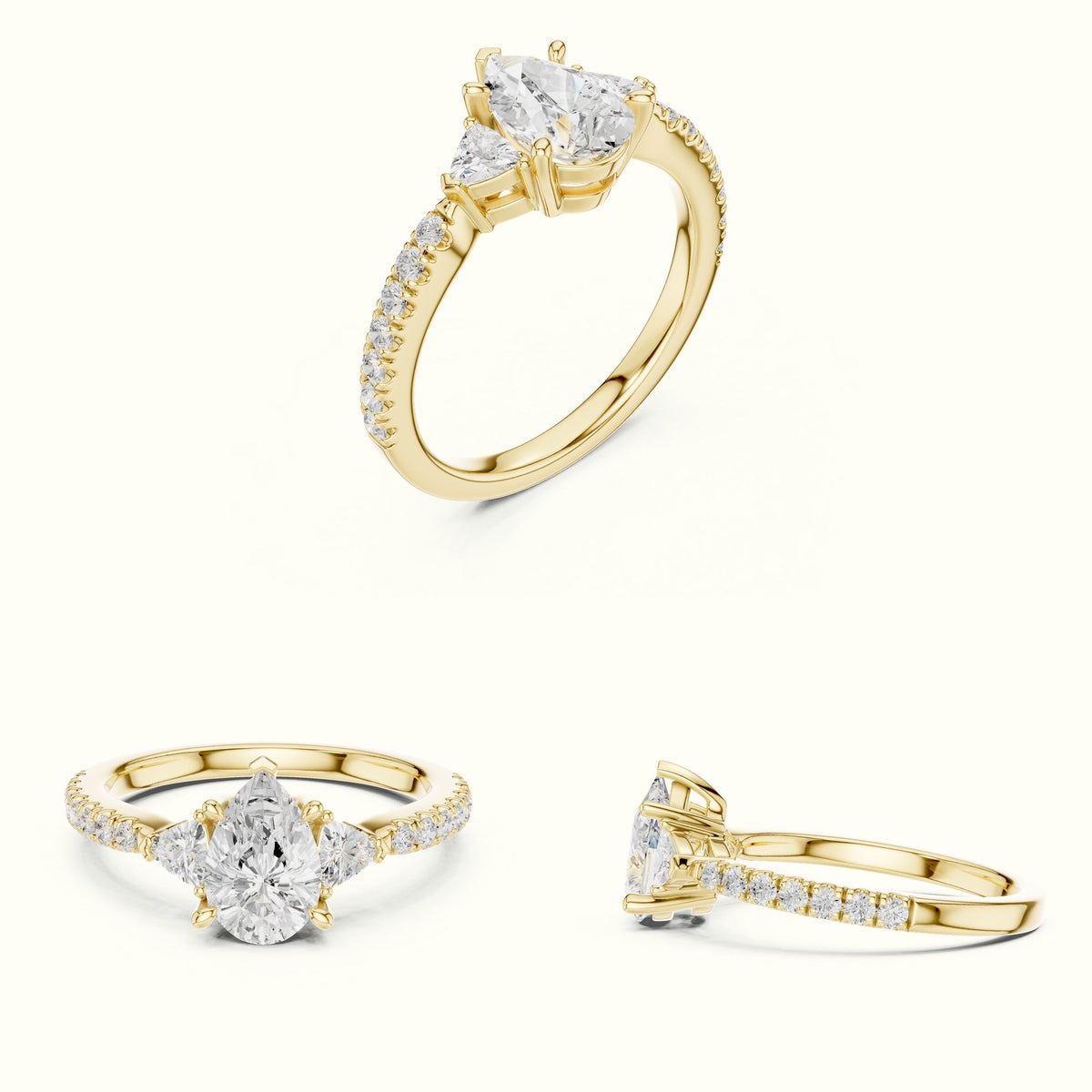 Pear Three-Stone with Accent Band Lab-Grown Diamond Ring — Yellow gold, on the hand | Crystal N Cuts