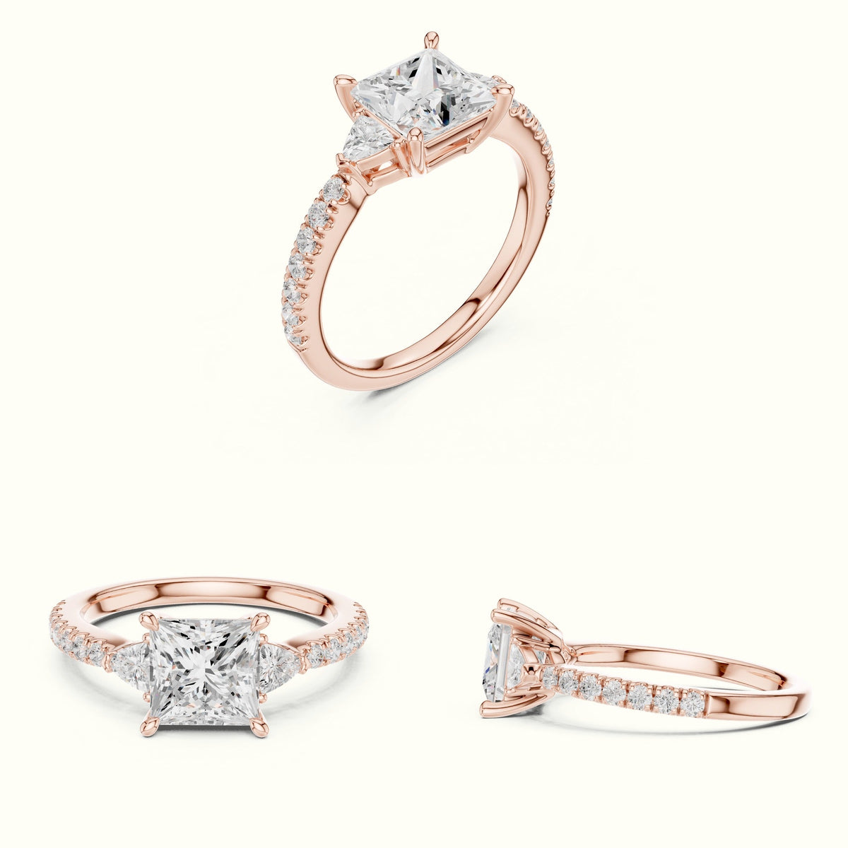 Princess Three Stone Lab-Grown Diamond Ring — Rose gold, on the hand | Crystal N Cuts