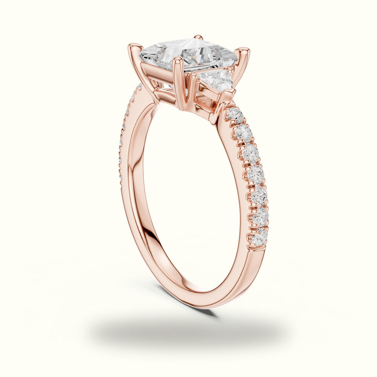 Princess Three Stone Lab-Grown Diamond Ring — Rose gold, view 1 | Crystal N Cuts