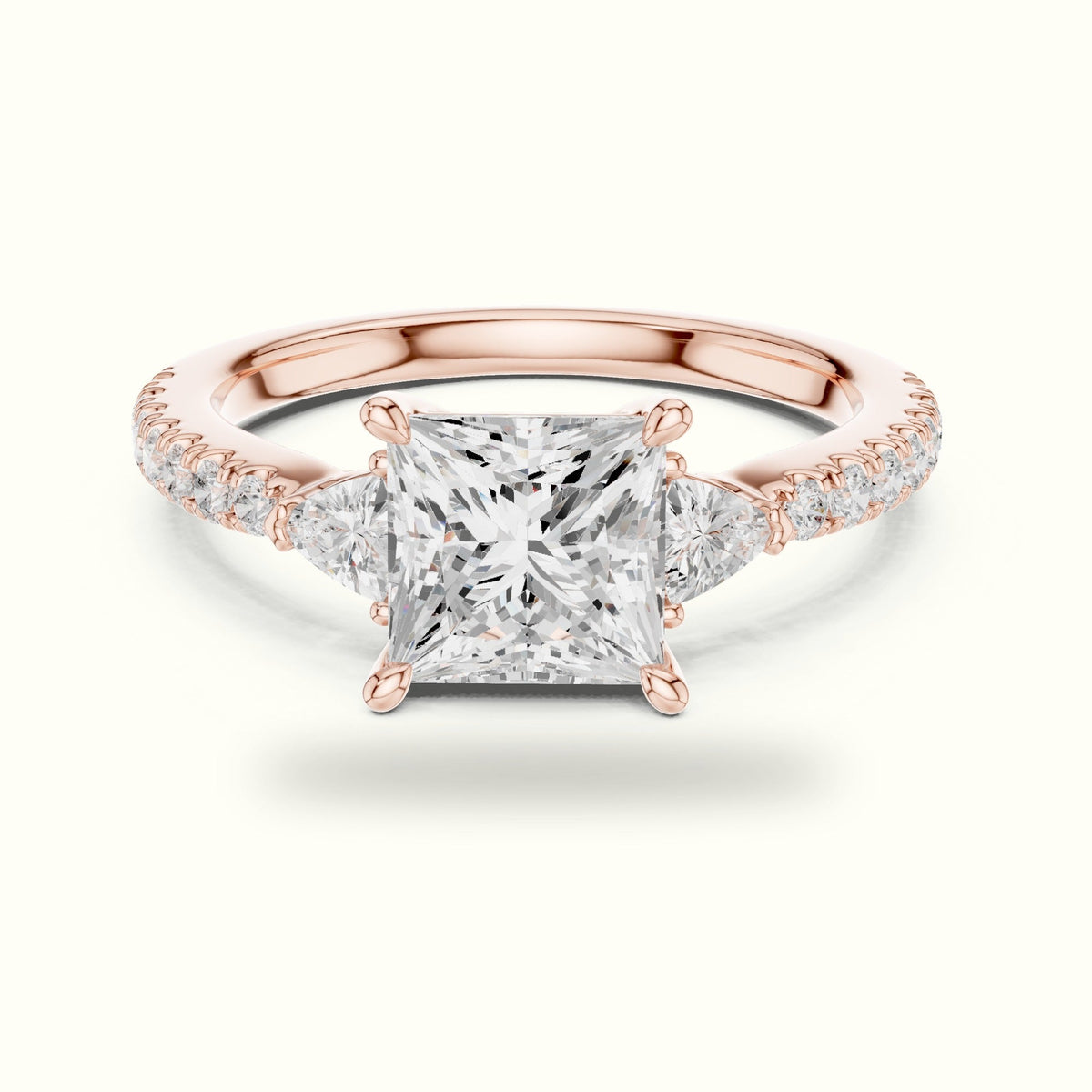 Princess Three Stone Lab-Grown Diamond Ring — Rose gold, front view | Crystal N Cuts