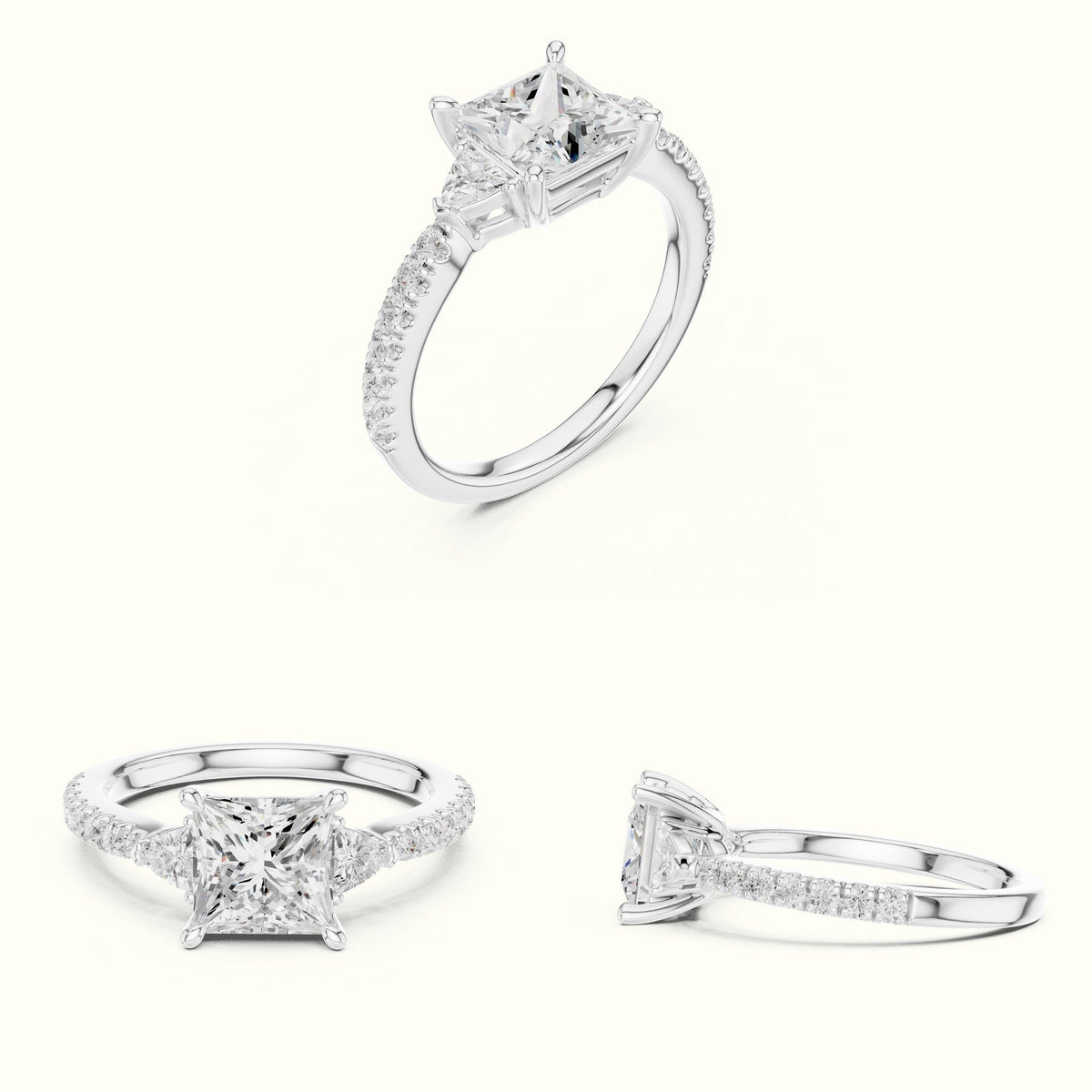 Princess Three Stone Lab-Grown Diamond Ring — White gold, on the hand | Crystal N Cuts