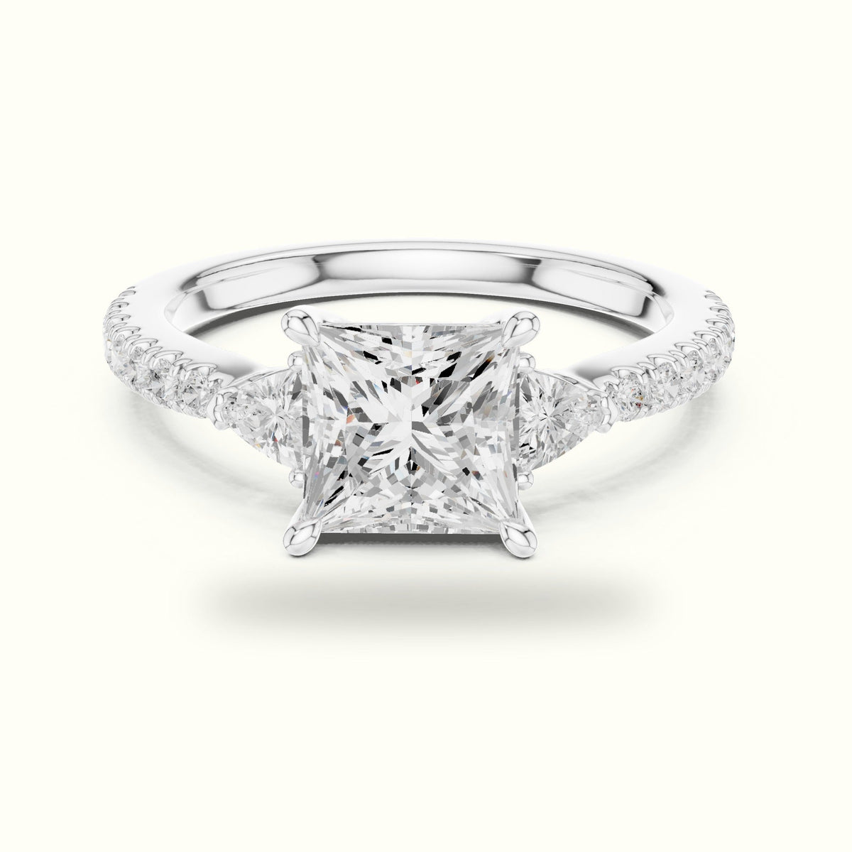 Princess Three Stone Lab-Grown Diamond Ring — White gold, front view | Crystal N Cuts