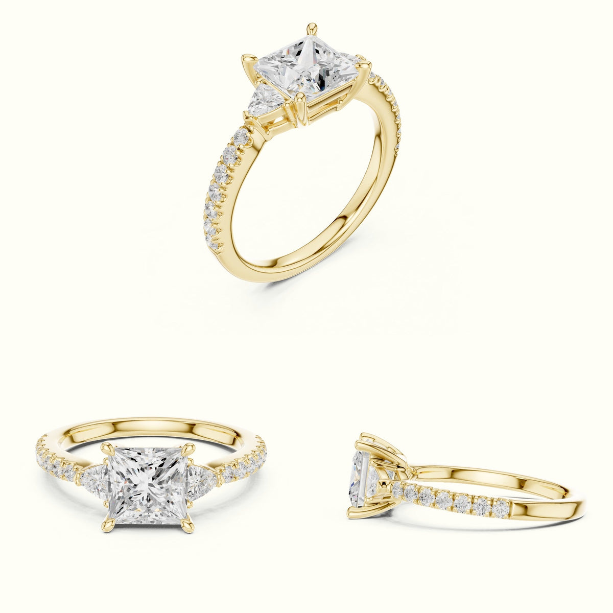Princess Three Stone Lab-Grown Diamond Ring — Yellow gold, on the hand | Crystal N Cuts