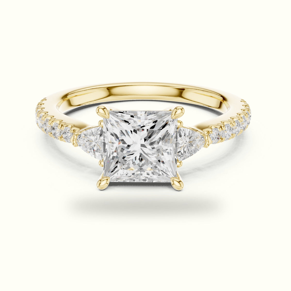 Princess Three Stone Lab-Grown Diamond Ring — Yellow gold, front view | Crystal N Cuts