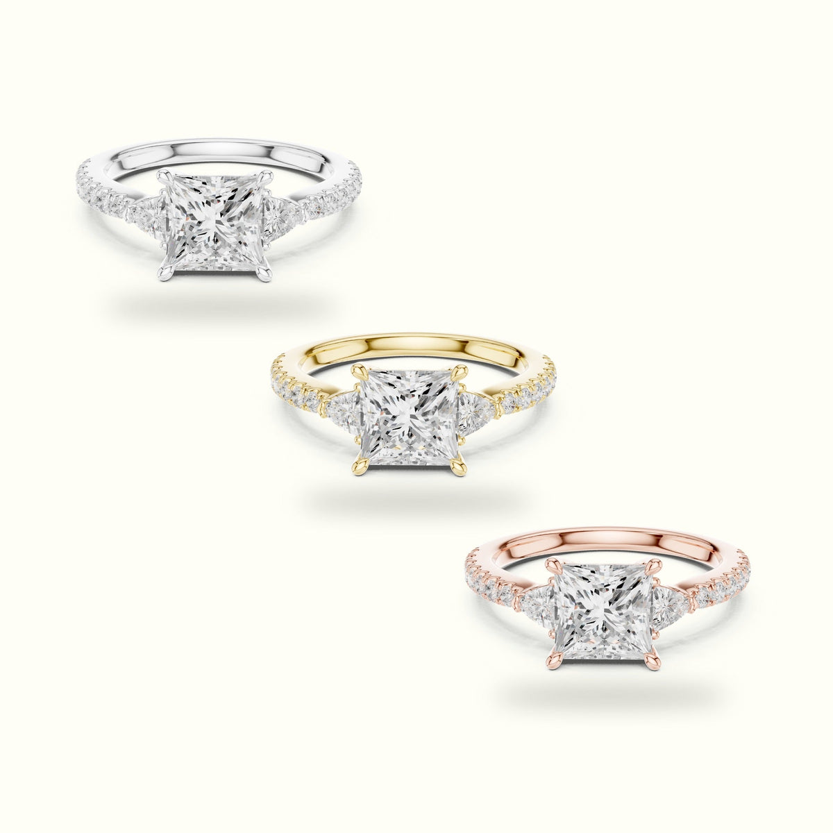 Princess Three Stone Lab-Grown Diamond Ring — Rose gold, front view | Crystal N Cuts