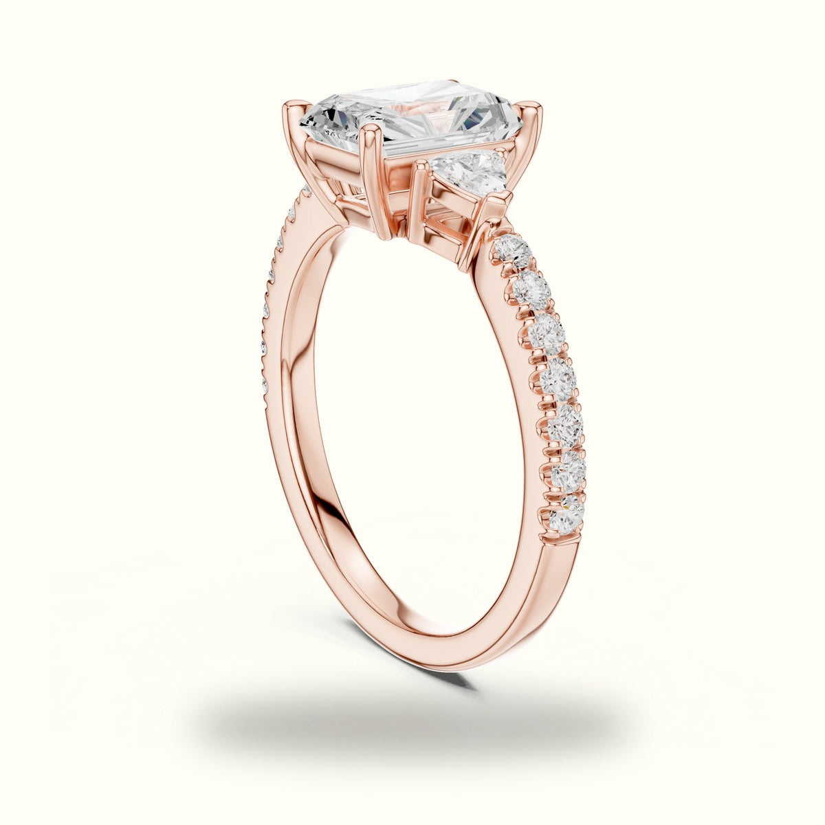 Radiant Three-Stone with Pavé Shank Lab-Grown Diamond Ring — Rose gold, view 1 | Crystal N Cuts