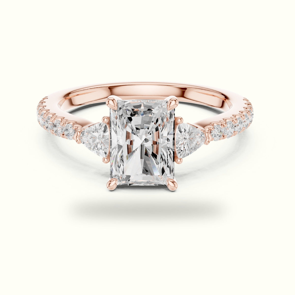Radiant Three-Stone with Pavé Shank Lab-Grown Diamond Ring — Rose gold, front view | Crystal N Cuts