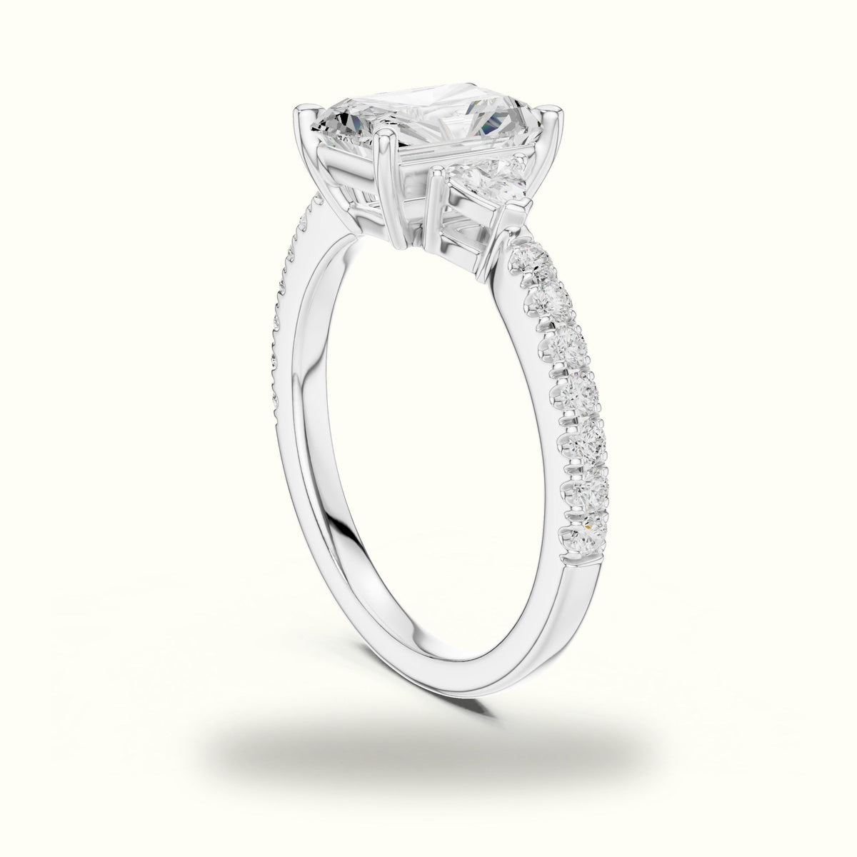 Radiant Three-Stone with Pavé Shank Lab-Grown Diamond Ring — White gold, view 1 | Crystal N Cuts