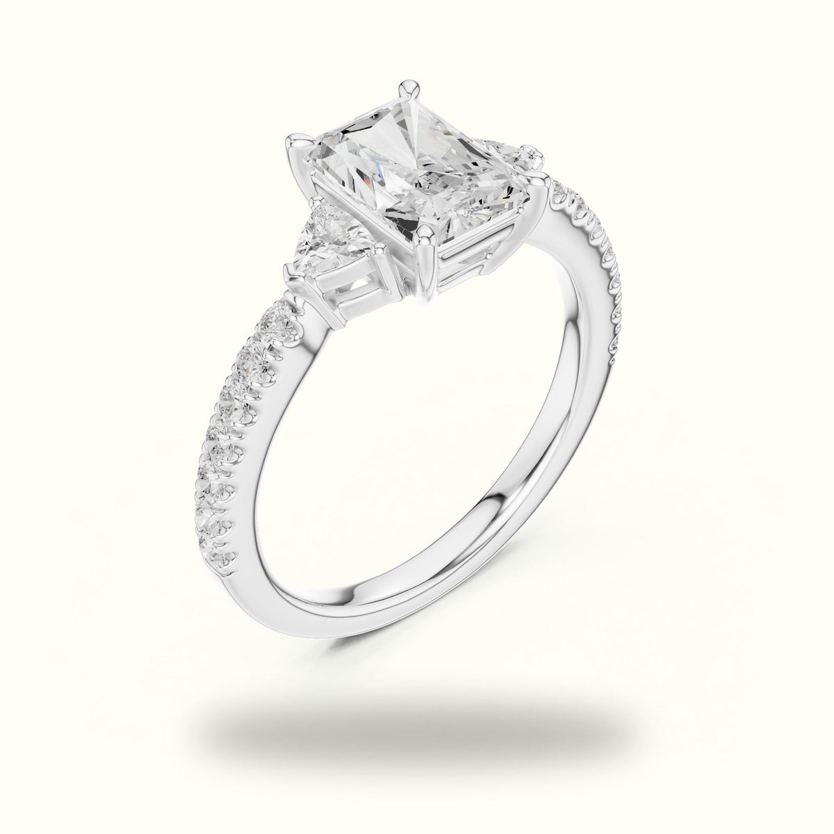 Radiant Three-Stone with Pavé Shank Lab-Grown Diamond Ring — White gold, view 2 | Crystal N Cuts