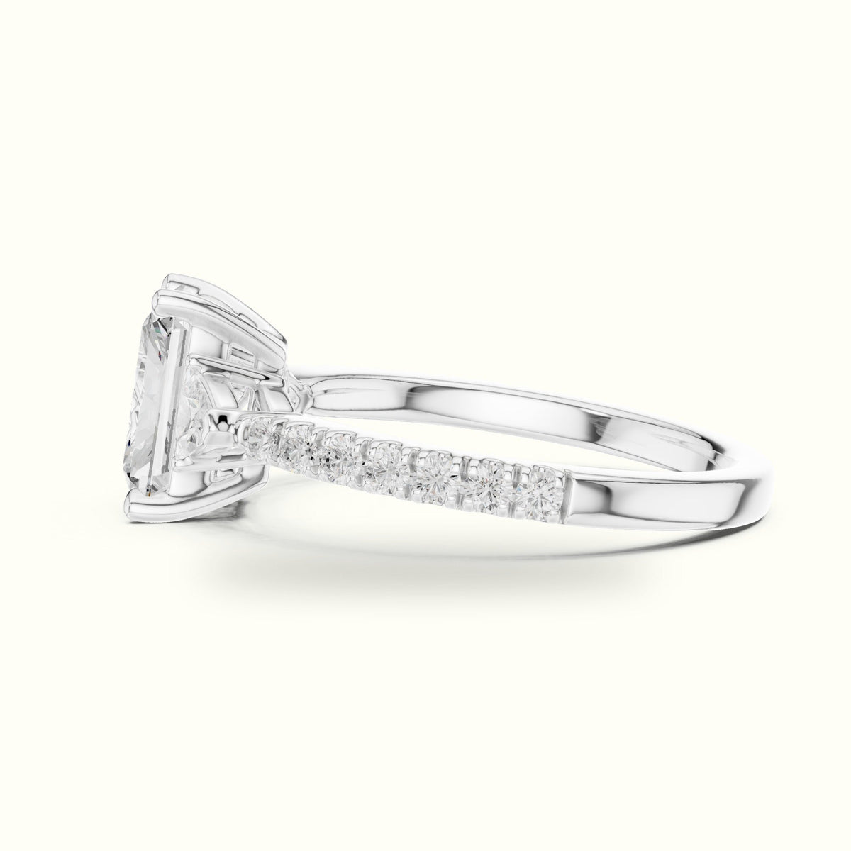 Radiant Three-Stone with Pavé Shank Lab-Grown Diamond Ring — White gold, view 3 | Crystal N Cuts