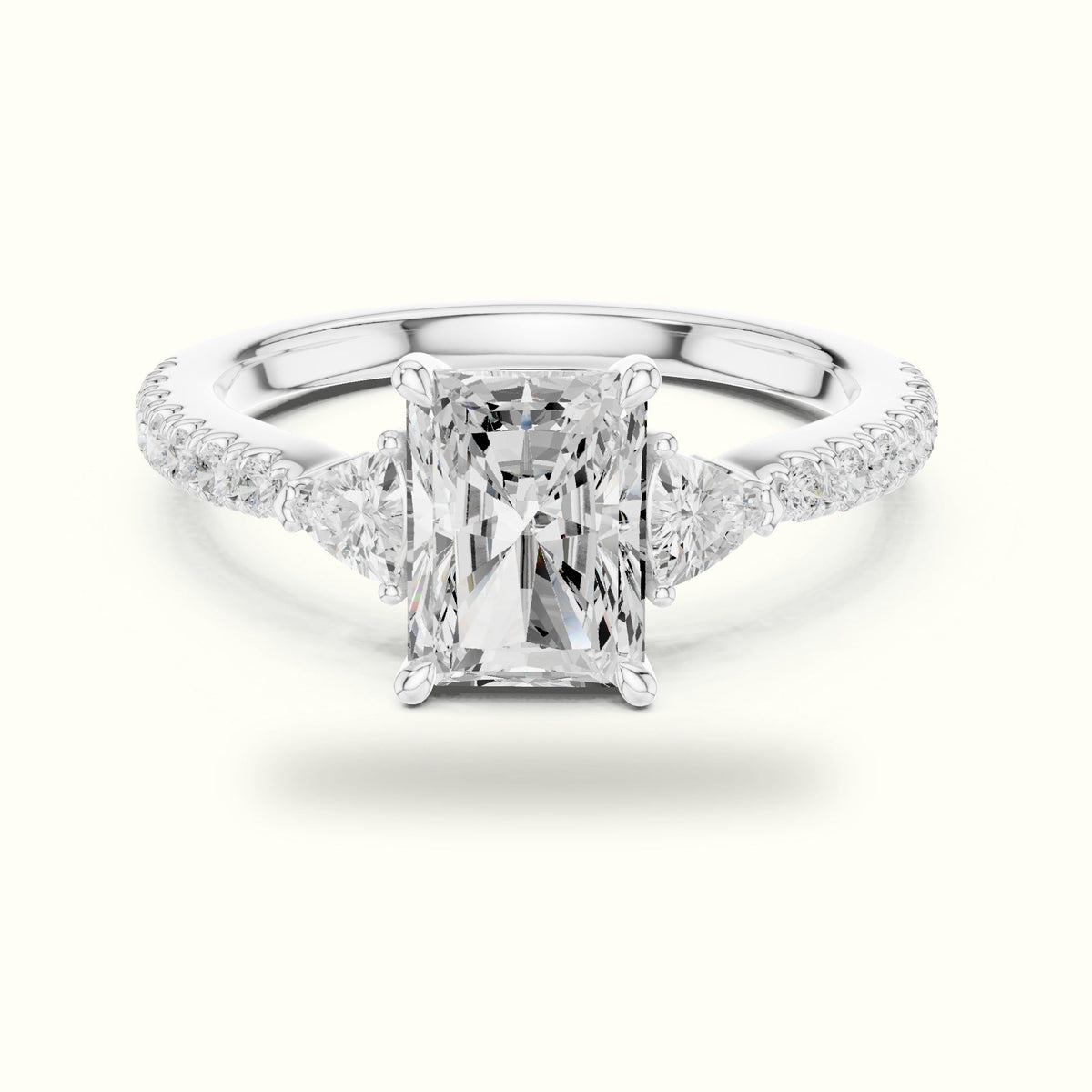 Radiant Three-Stone with Pavé Shank Lab-Grown Diamond Ring — White gold, front view | Crystal N Cuts