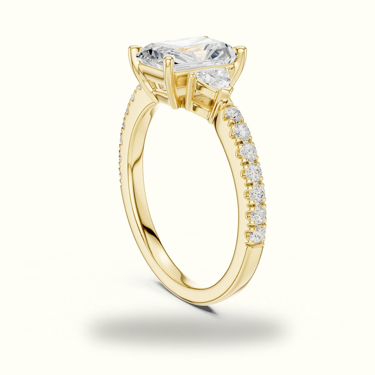 Radiant Three-Stone with Pavé Shank Lab-Grown Diamond Ring — Yellow gold, view 1 | Crystal N Cuts