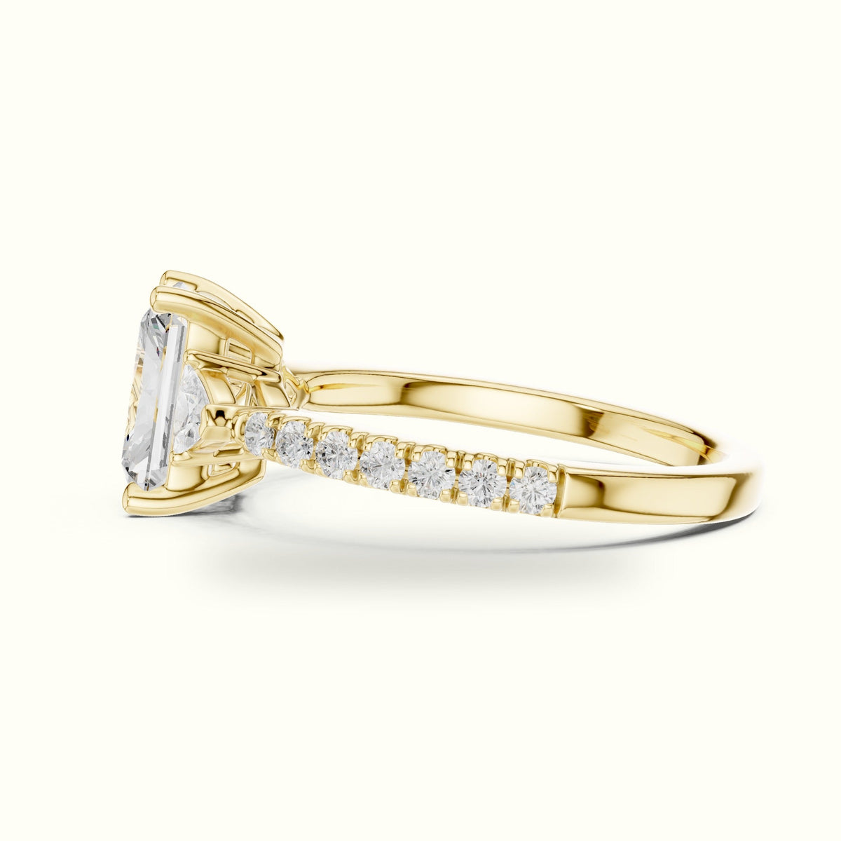 Radiant Three-Stone with Pavé Shank Lab-Grown Diamond Ring — Yellow gold, view 3 | Crystal N Cuts
