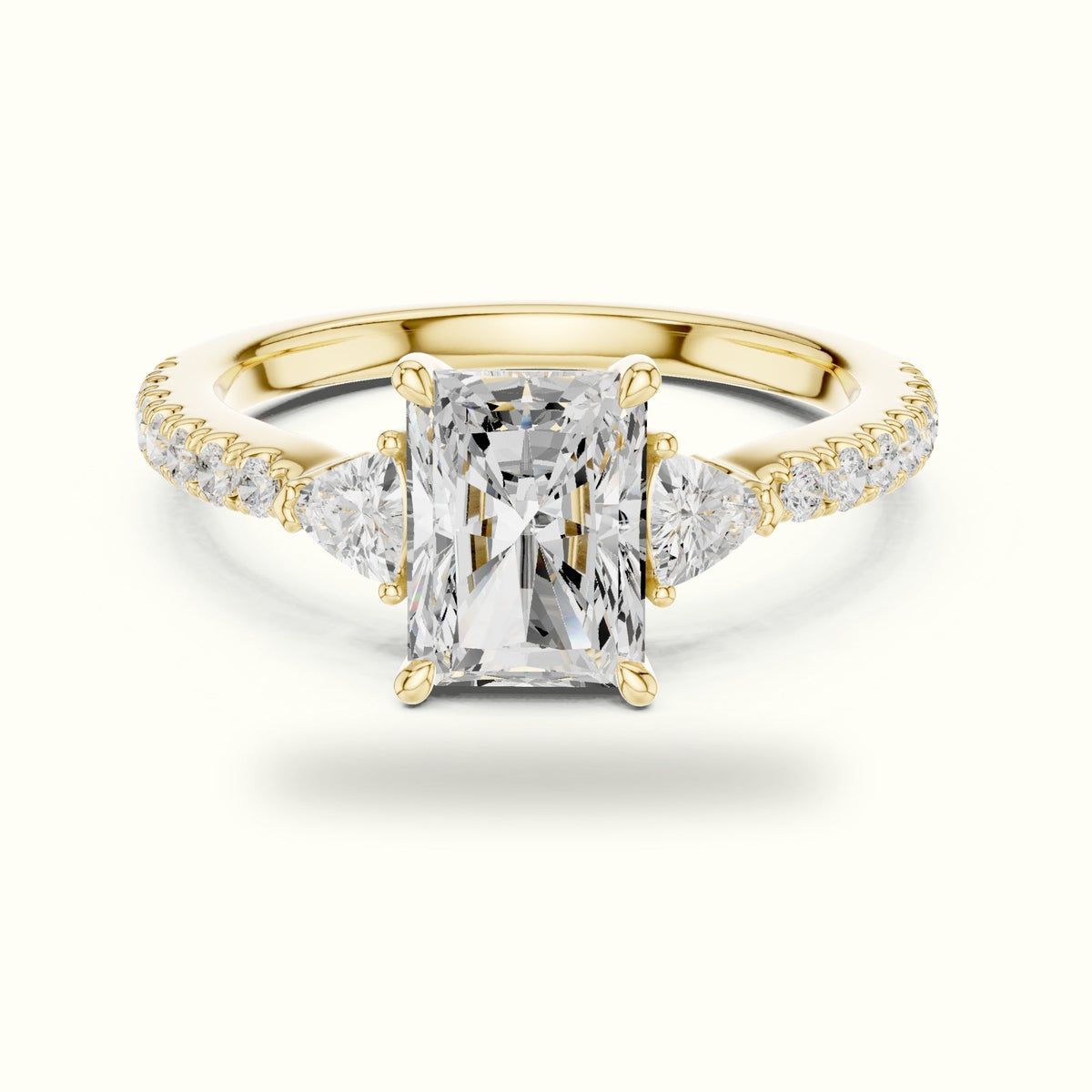 Radiant Three-Stone with Pavé Shank Lab-Grown Diamond Ring — Yellow gold, front view | Crystal N Cuts