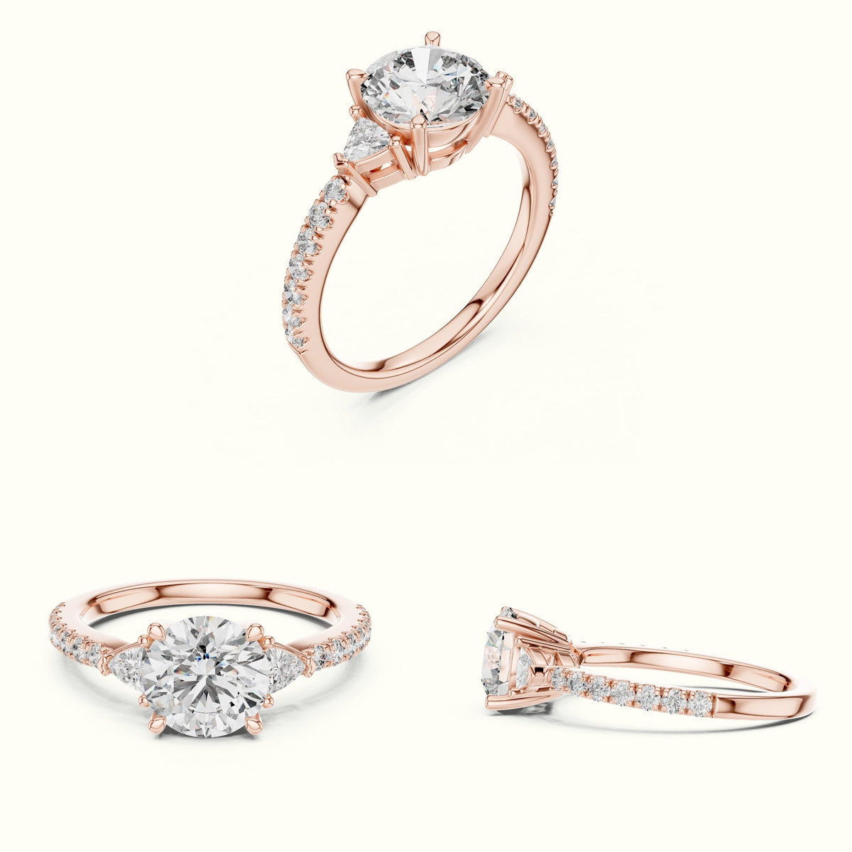 Round Three Stone with Pavé Shank Lab-Grown Diamond Ring — Rose gold, on the hand | Crystal N Cuts