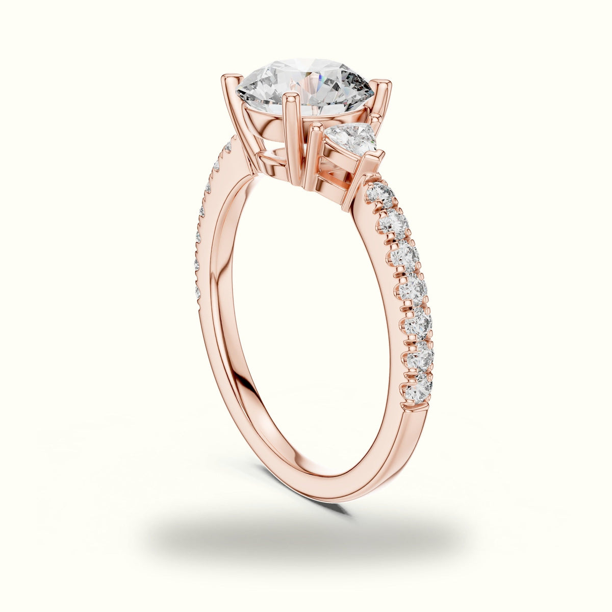Round Three Stone with Pavé Shank Lab-Grown Diamond Ring — Rose gold, view 1 | Crystal N Cuts