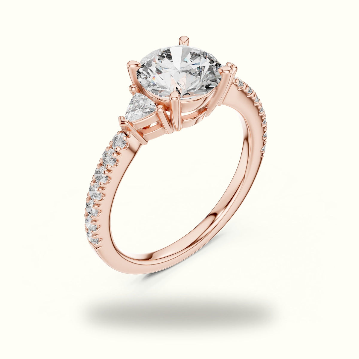 Round Three Stone with Pavé Shank Lab-Grown Diamond Ring — Rose gold, view 2 | Crystal N Cuts