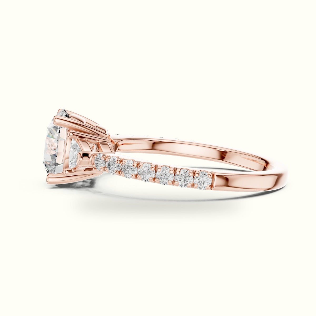 Round Three Stone with Pavé Shank Lab-Grown Diamond Ring — Rose gold, view 3 | Crystal N Cuts