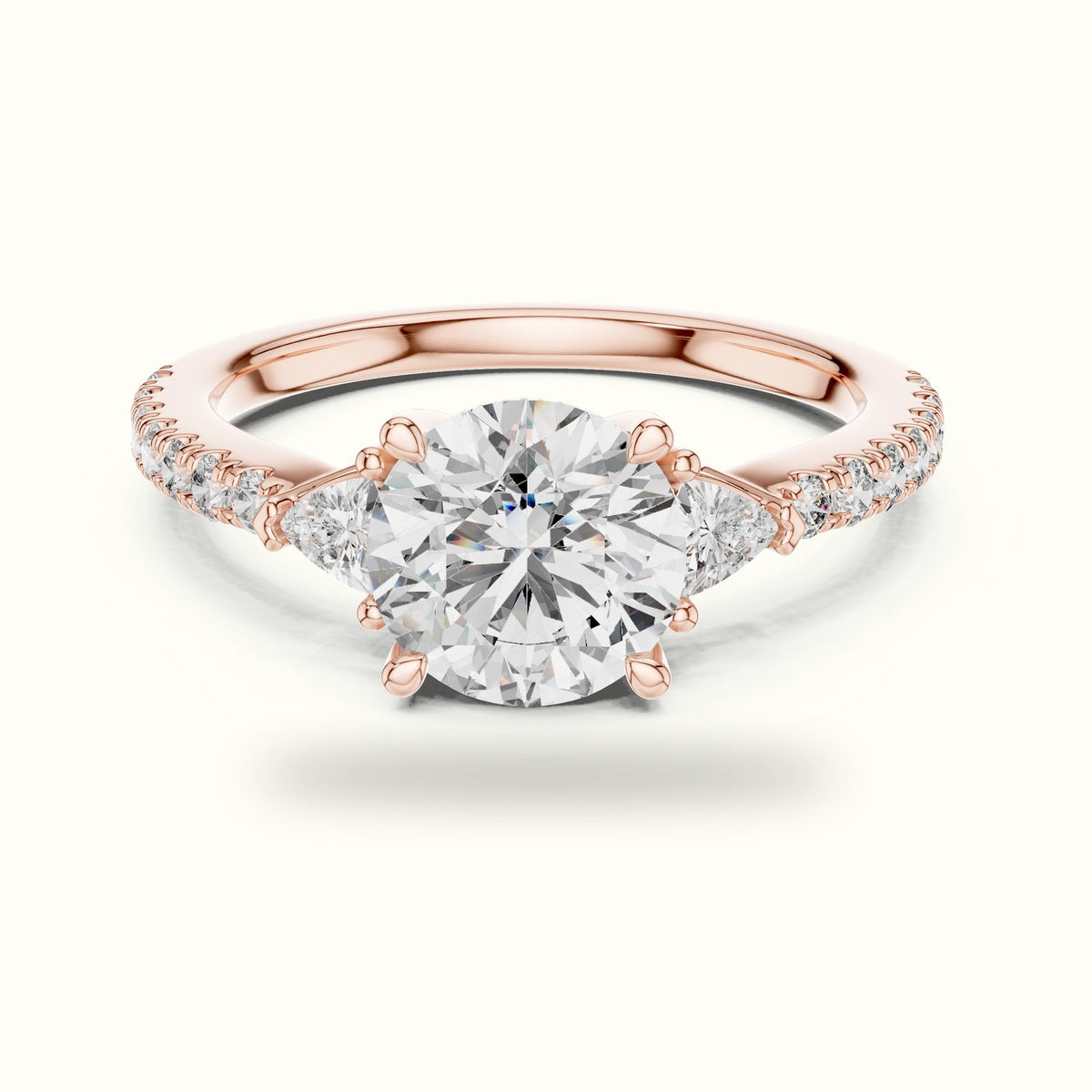 Round Three Stone with Pavé Shank Lab-Grown Diamond Ring — Rose gold, front view | Crystal N Cuts