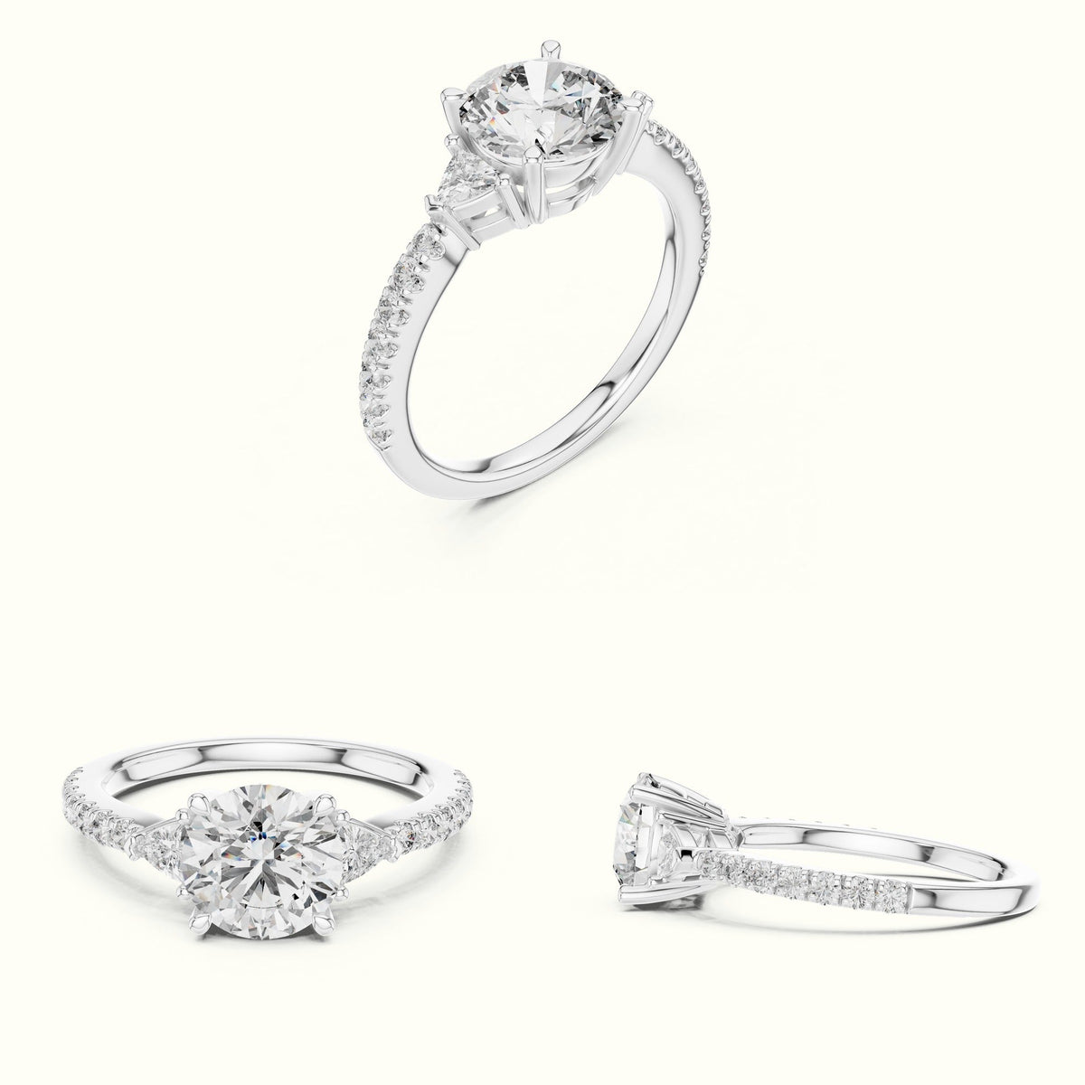 Round Three Stone with Pavé Shank Lab-Grown Diamond Ring — White gold, on the hand | Crystal N Cuts