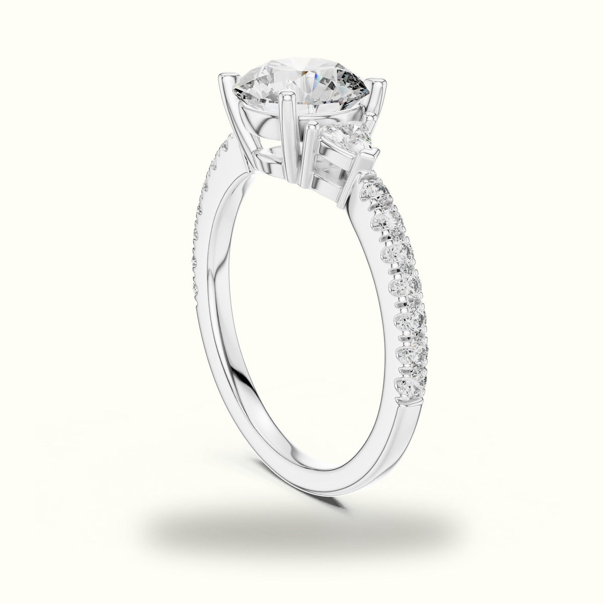 Round Three Stone with Pavé Shank Lab-Grown Diamond Ring — White gold, view 1 | Crystal N Cuts