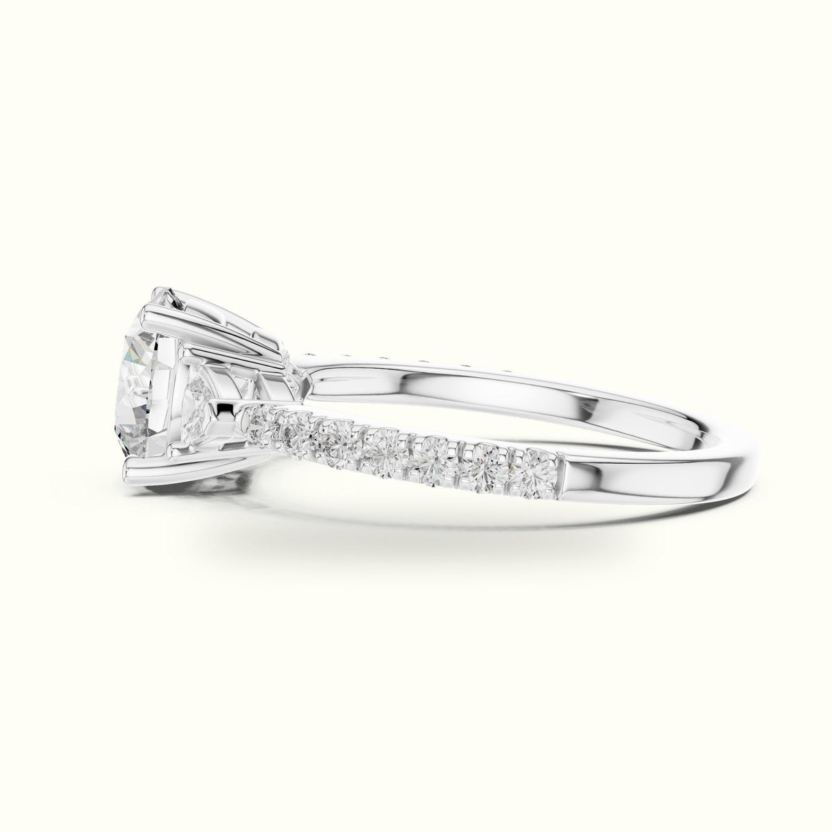 Round Three Stone with Pavé Shank Lab-Grown Diamond Ring — White gold, view 3 | Crystal N Cuts