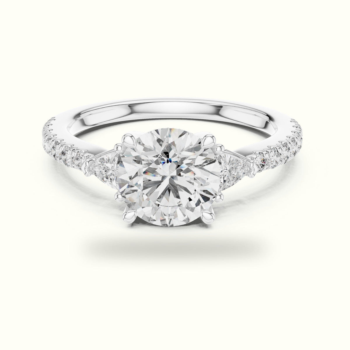 Round Three Stone with Pavé Shank Lab-Grown Diamond Ring — White gold, front view | Crystal N Cuts