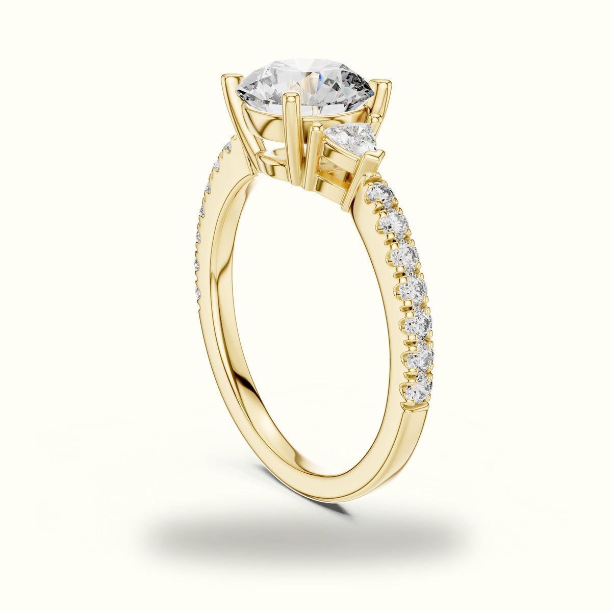 Round Three Stone with Pavé Shank Lab-Grown Diamond Ring — Yellow gold, view 1 | Crystal N Cuts
