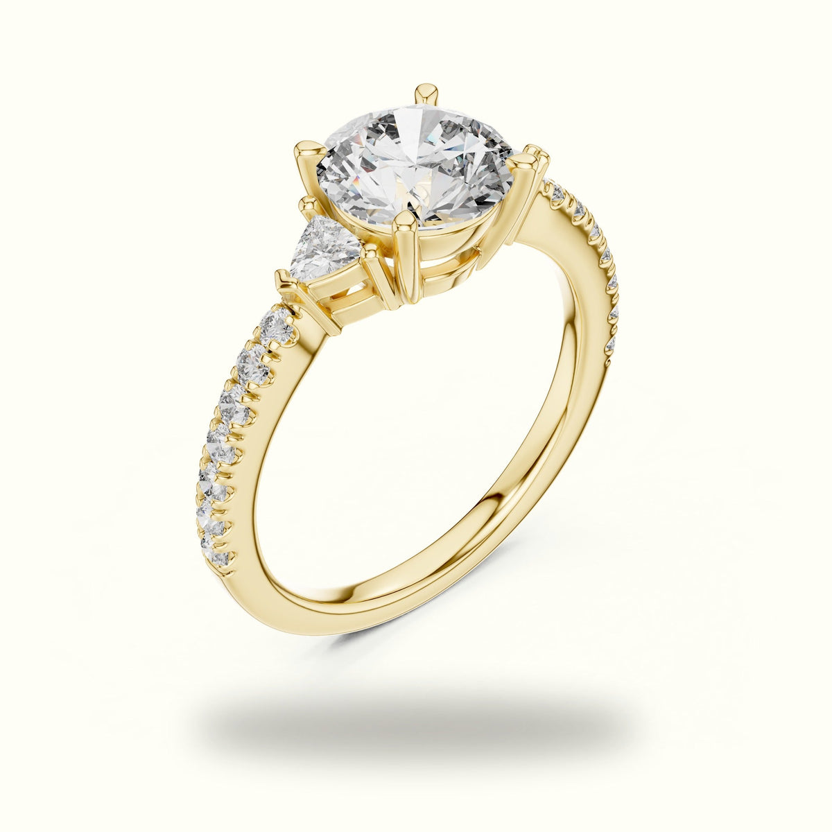 Round Three Stone with Pavé Shank Lab-Grown Diamond Ring — Yellow gold, view 2 | Crystal N Cuts