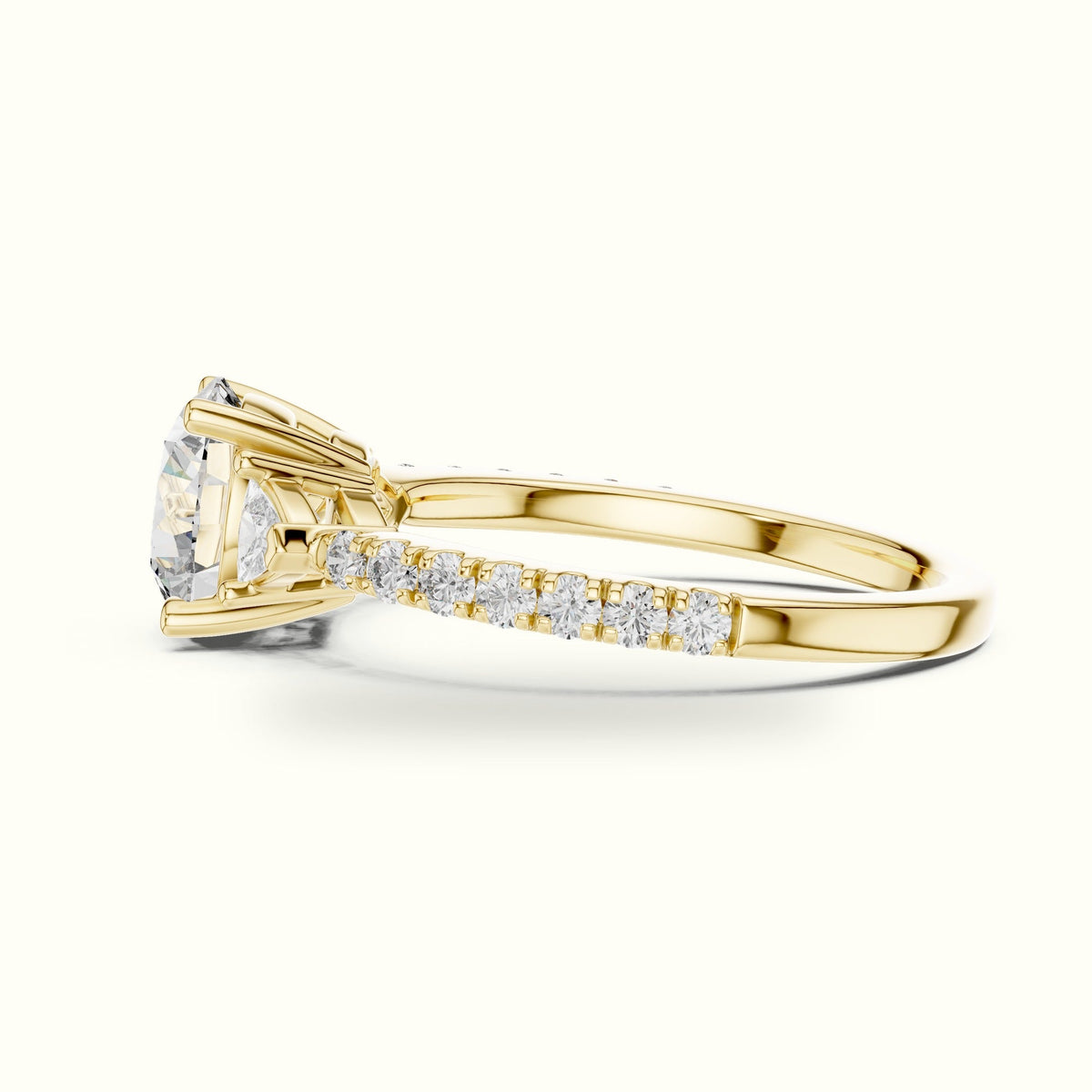 Round Three Stone with Pavé Shank Lab-Grown Diamond Ring — Yellow gold, view 3 | Crystal N Cuts