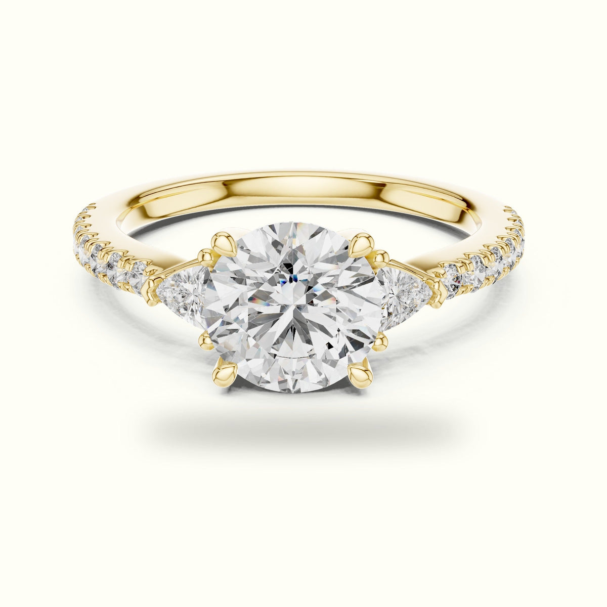 Round Three Stone with Pavé Shank Lab-Grown Diamond Ring — Yellow gold, front view | Crystal N Cuts