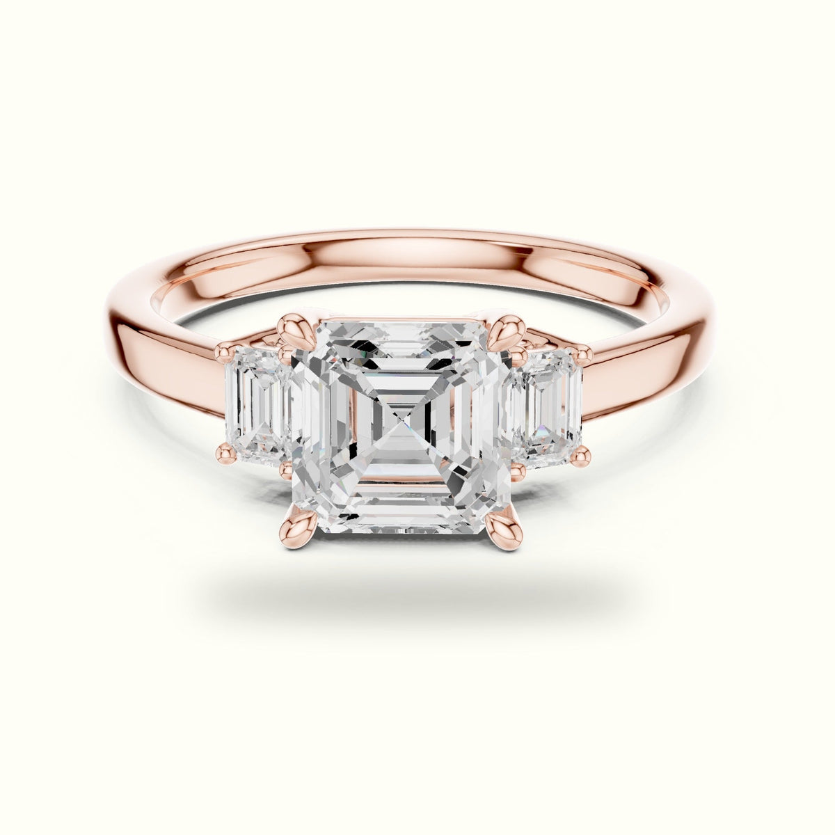 Asscher Three-Stone Lab-Grown Diamond Ring — Rose gold, front view | Crystal N Cuts