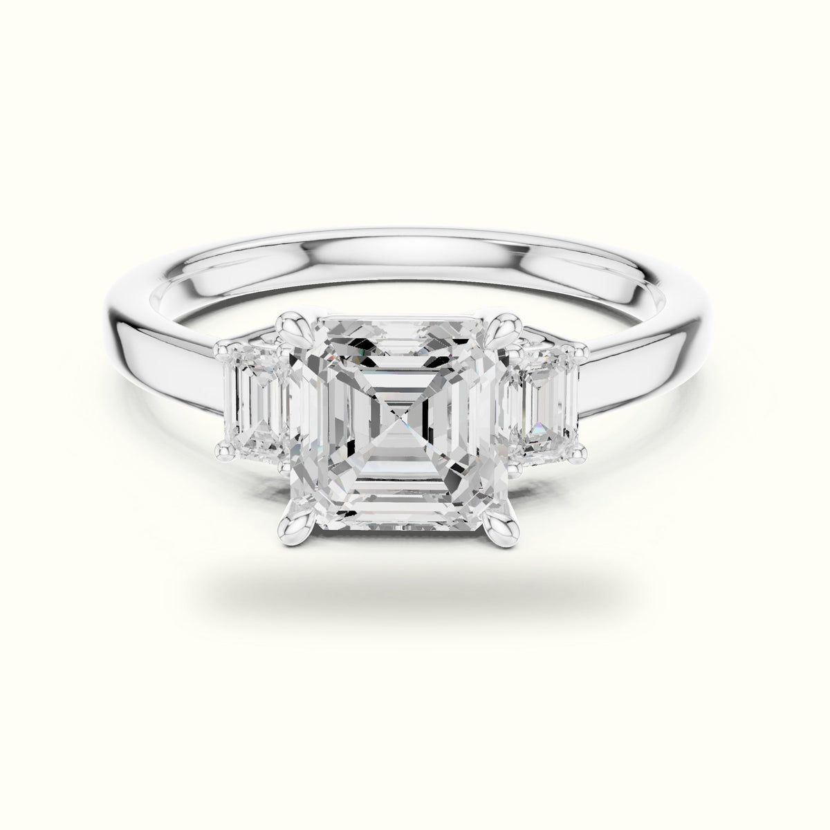 Asscher Three-Stone Lab-Grown Diamond Ring — White gold, front view | Crystal N Cuts