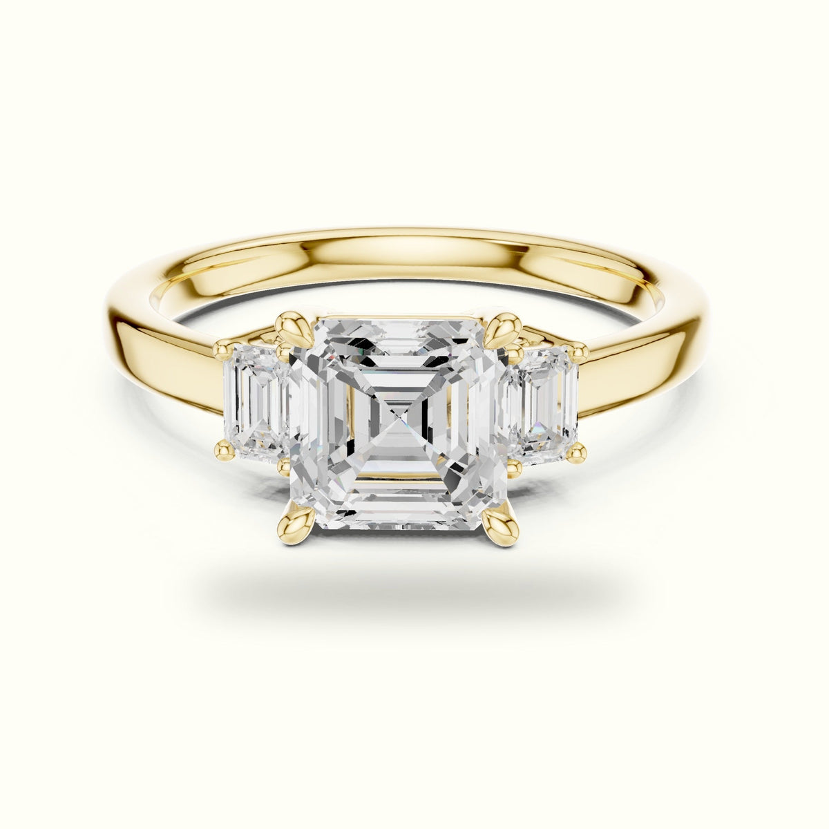 Asscher Three-Stone Lab-Grown Diamond Ring — Yellow gold, front view | Crystal N Cuts