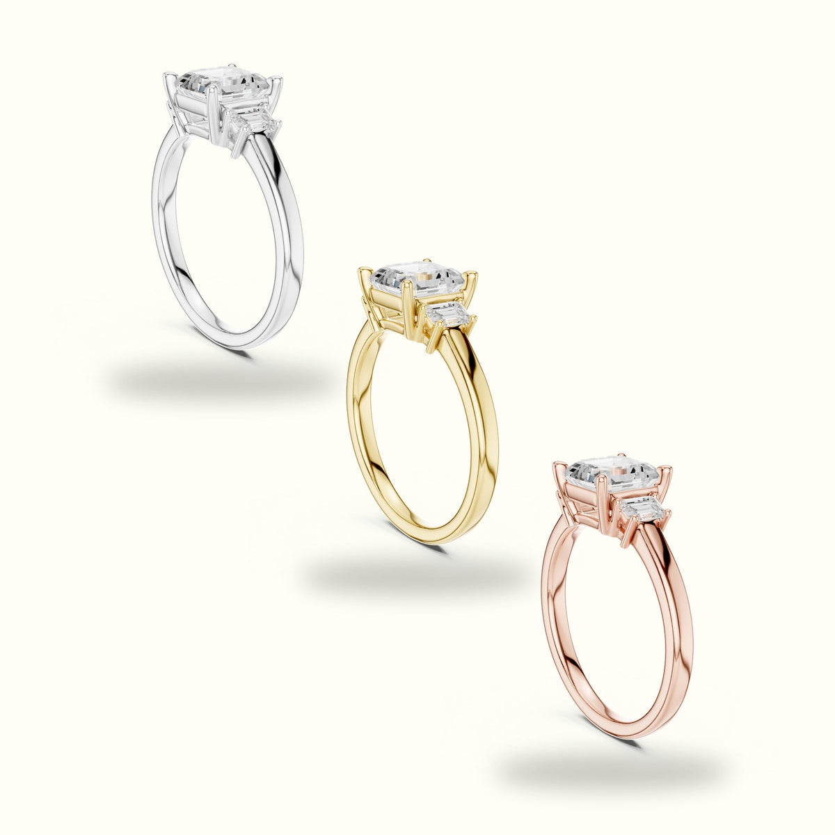 Asscher Three-Stone Lab-Grown Diamond Ring — White gold, in yellow, white and rose gold | Crystal N Cuts