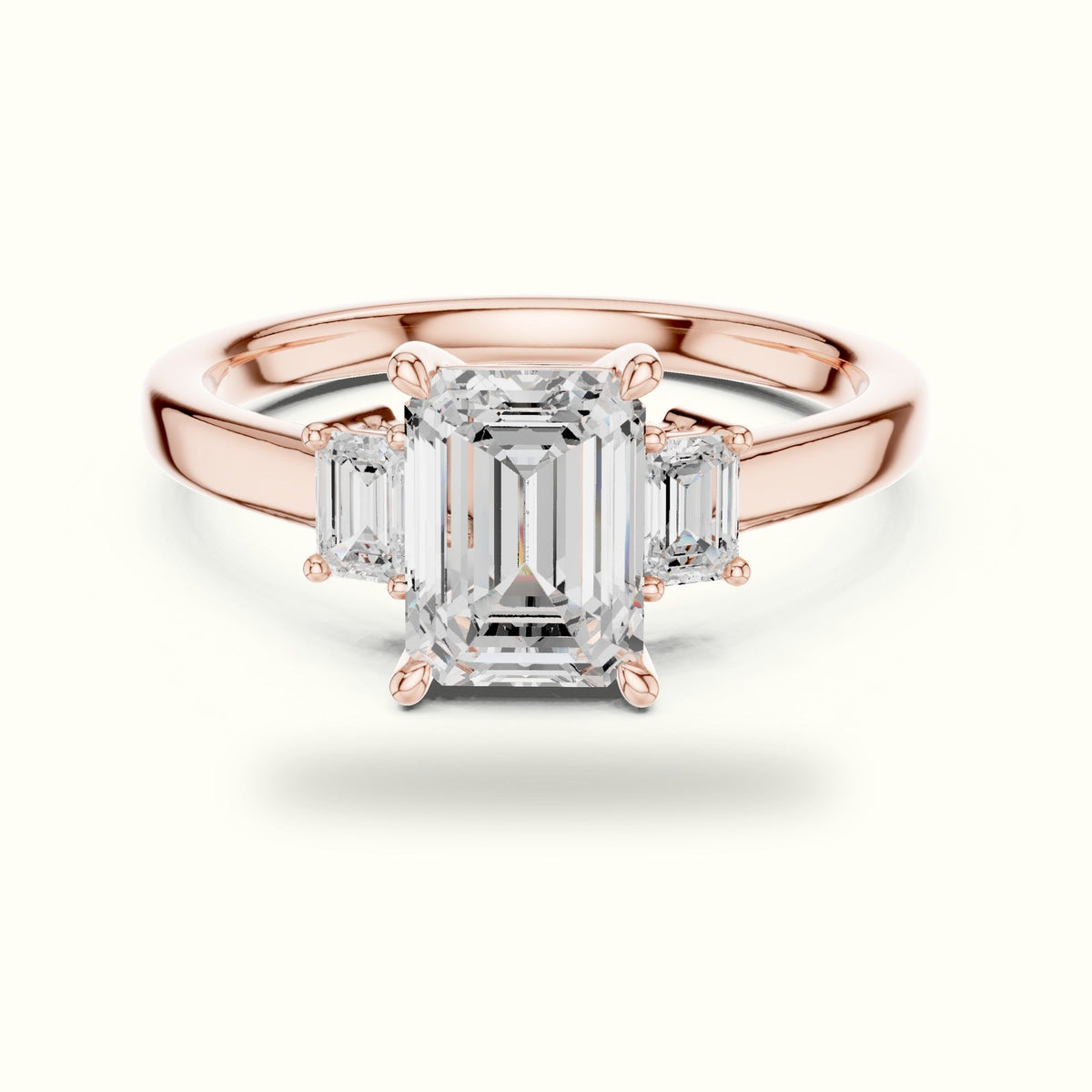 Emerald Three-Stone Lab-Grown Diamond Ring — Rose gold, front view | Crystal N Cuts