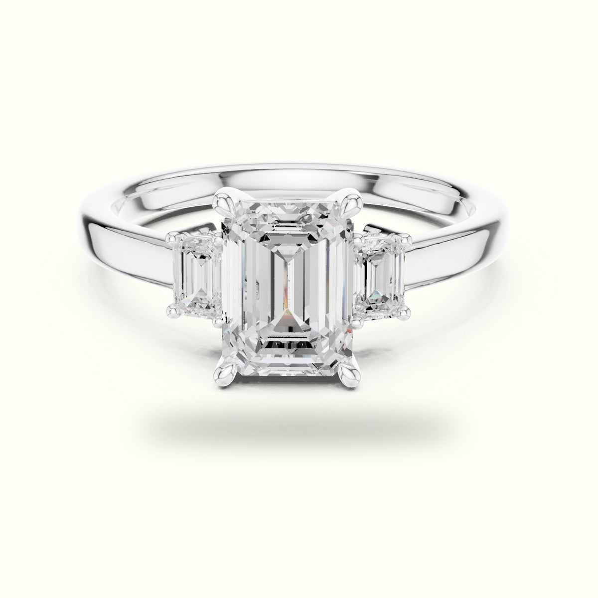 Emerald Three-Stone Lab-Grown Diamond Ring — White gold, front view | Crystal N Cuts