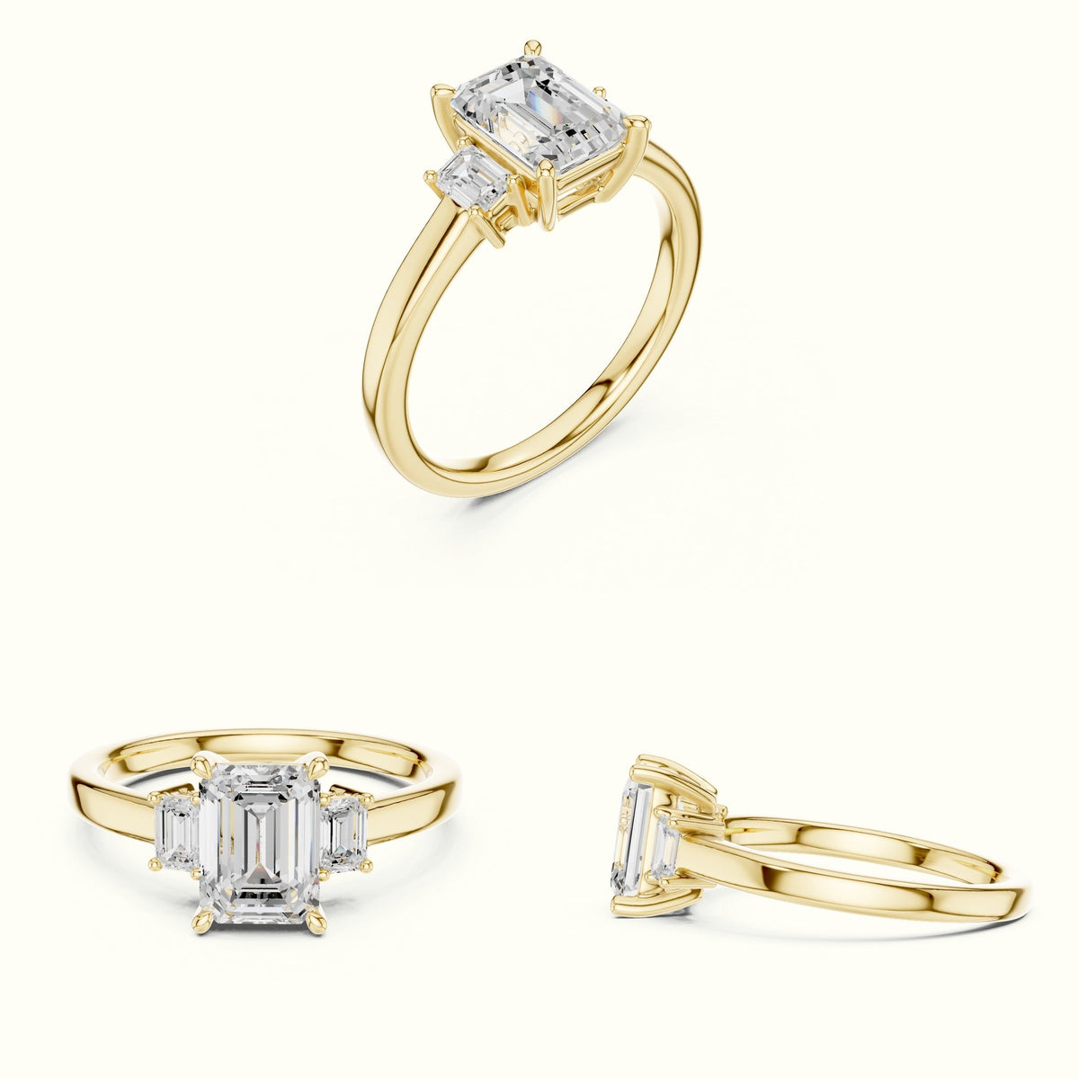 Emerald Three-Stone Lab-Grown Diamond Ring — Yellow gold, on the hand | Crystal N Cuts