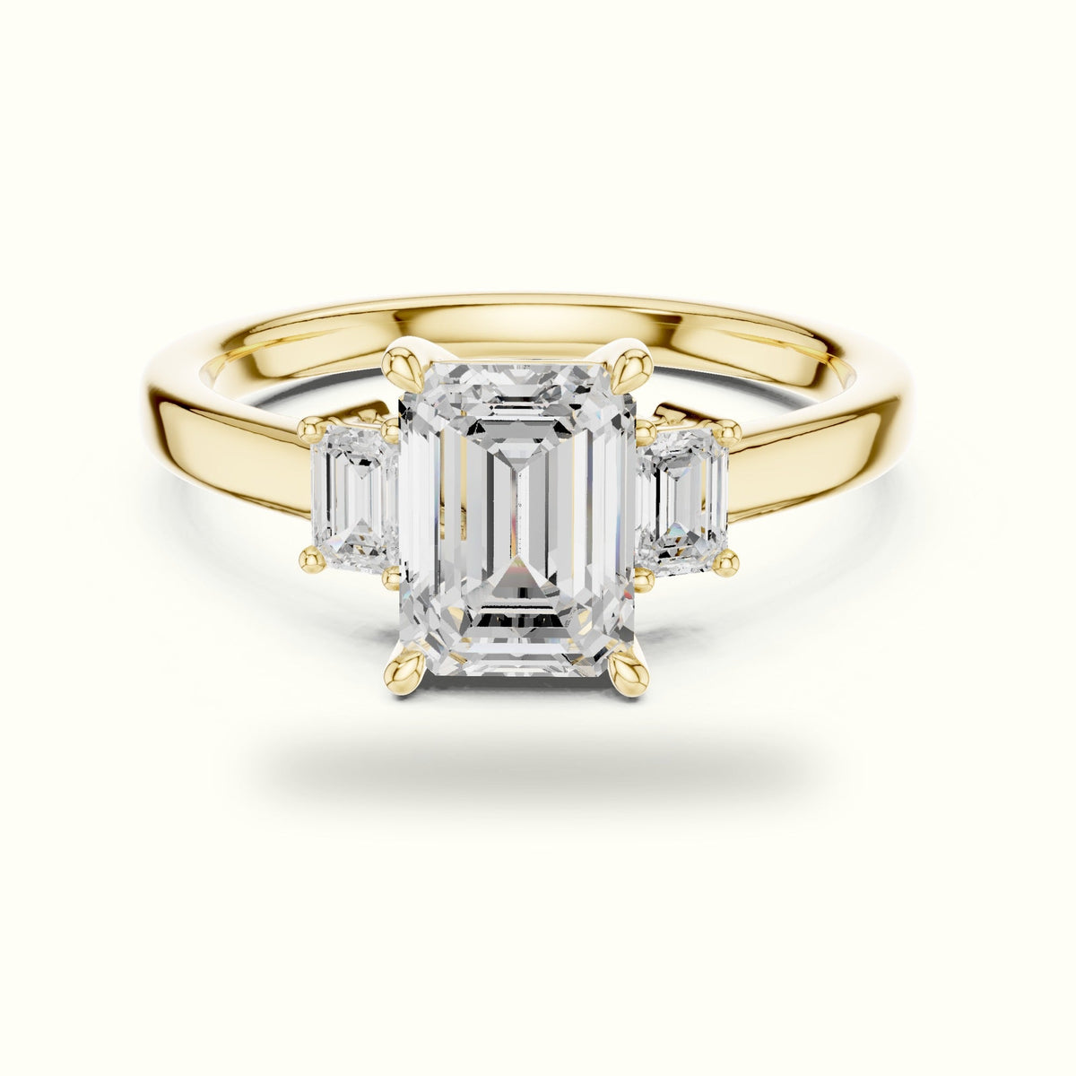Emerald Three-Stone Lab-Grown Diamond Ring — Yellow gold, front view | Crystal N Cuts