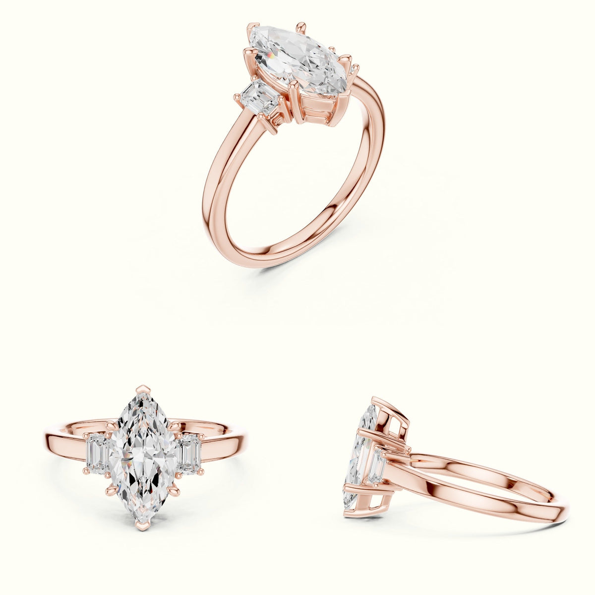 Marquise Three-Stone Basket Lab-Grown Diamond Ring — Rose gold, on the hand | Crystal N Cuts