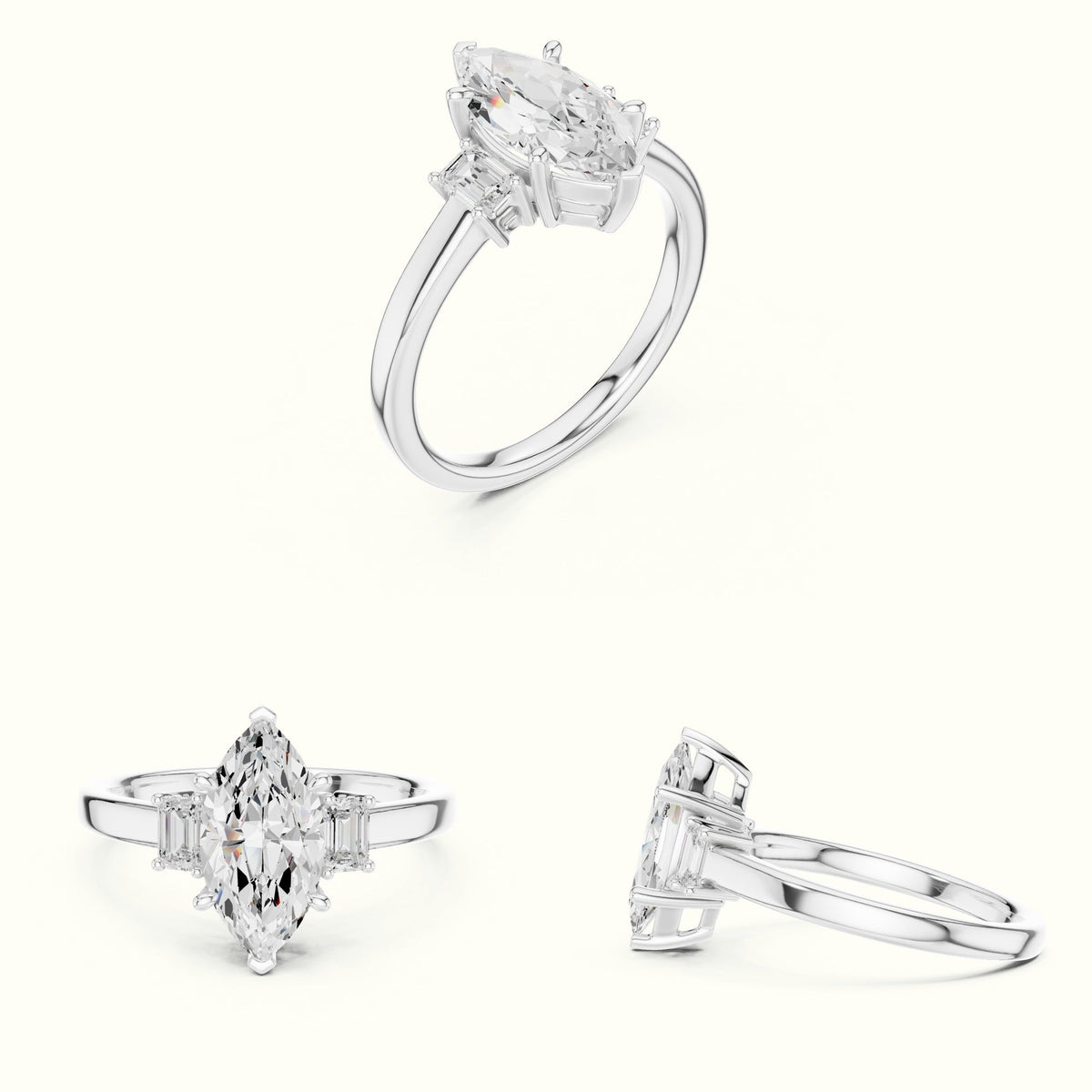 Marquise Three-Stone Basket Lab-Grown Diamond Ring — White gold, on the hand | Crystal N Cuts