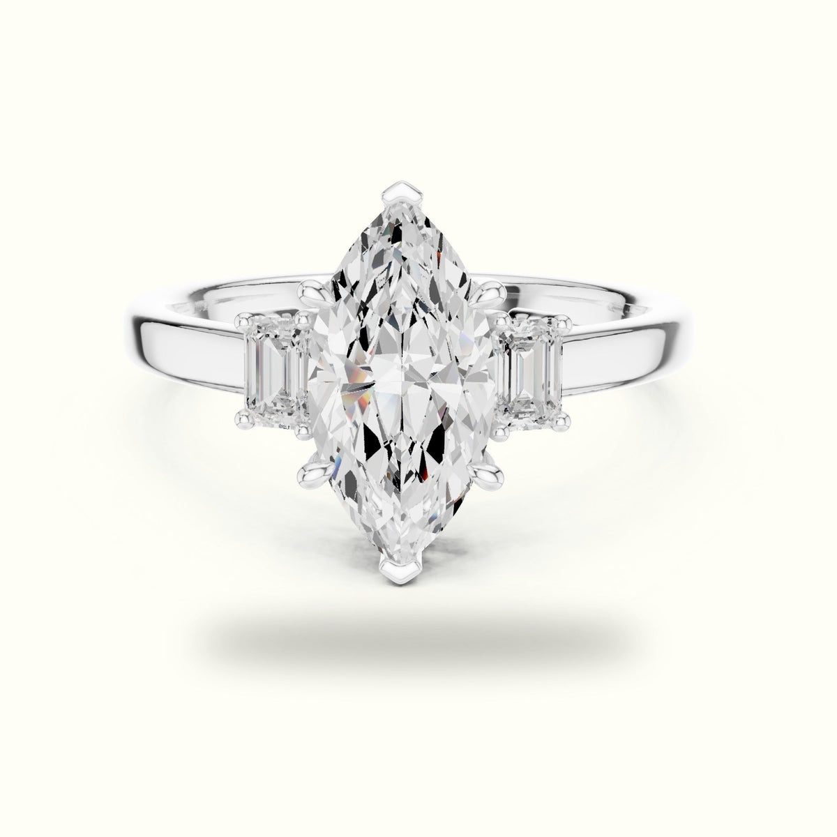 Marquise Three-Stone Basket Lab-Grown Diamond Ring — White gold, front view | Crystal N Cuts