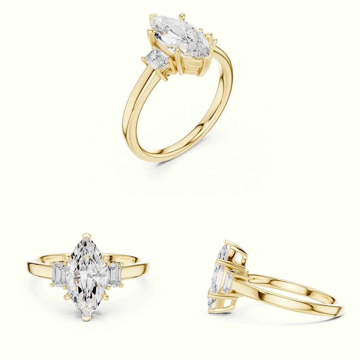 Marquise Three-Stone Basket Lab-Grown Diamond Ring — Yellow gold, on the hand | Crystal N Cuts