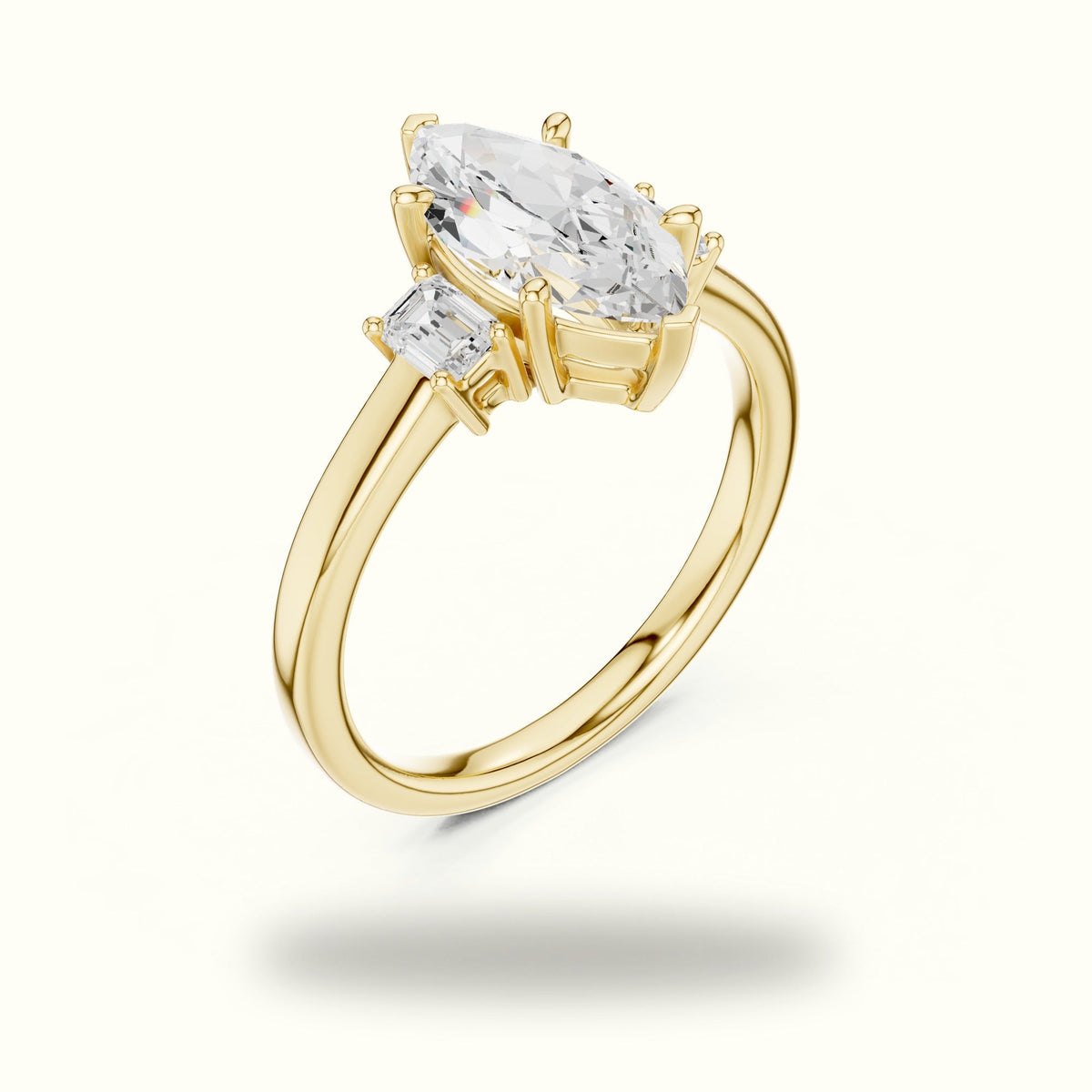 Marquise Three-Stone Basket Lab-Grown Diamond Ring — Yellow gold, view 2 | Crystal N Cuts