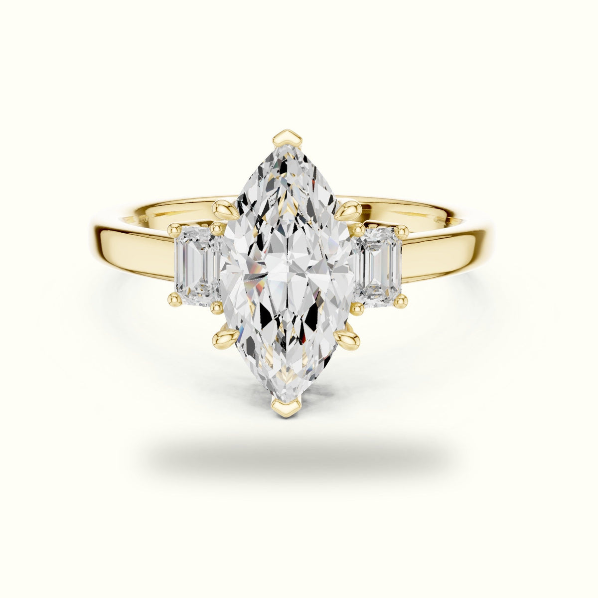 Marquise Three-Stone Basket Lab-Grown Diamond Ring — Yellow gold, front view | Crystal N Cuts