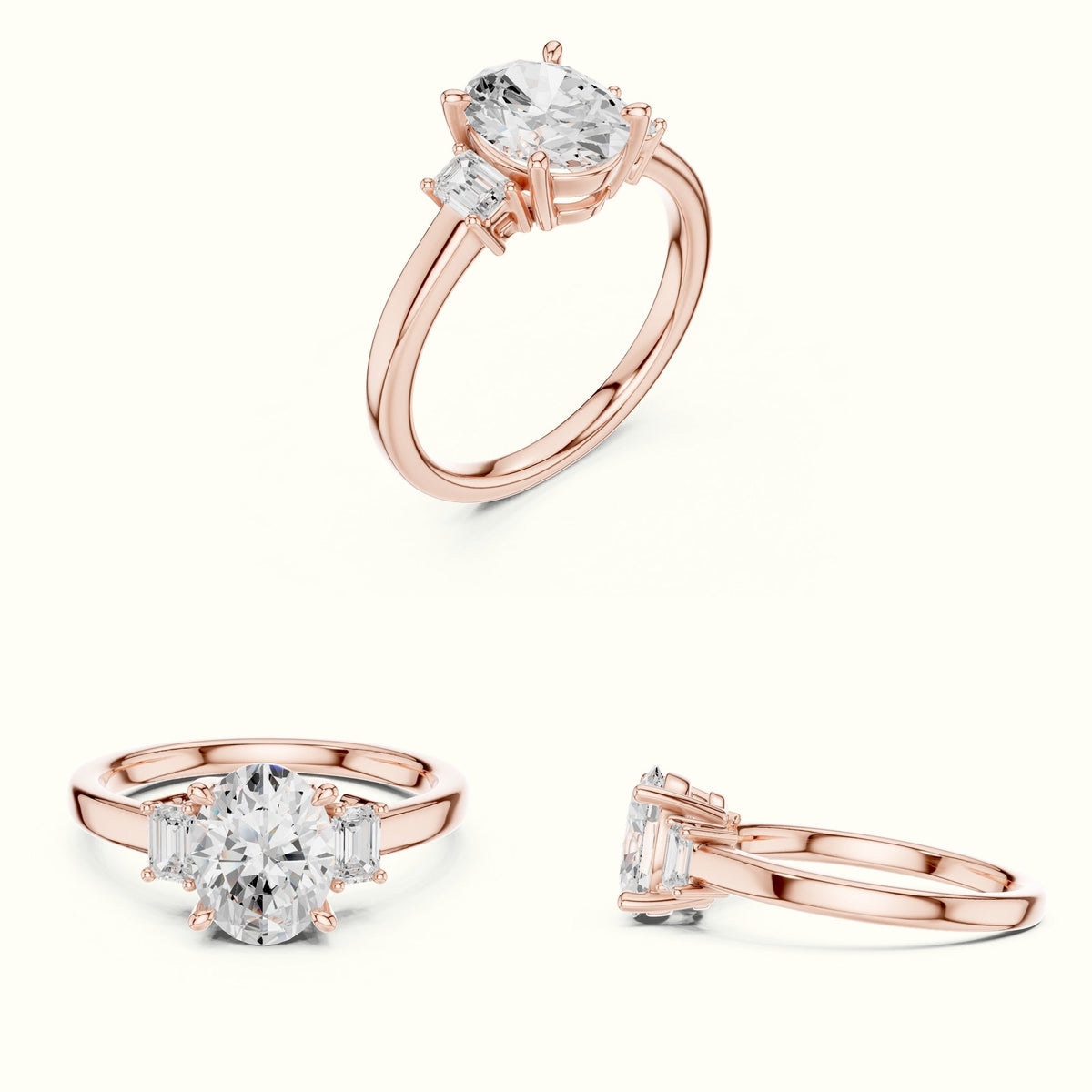 Oval Three-Stone Basket Lab-Grown Diamond Ring — Rose gold, on the hand | Crystal N Cuts