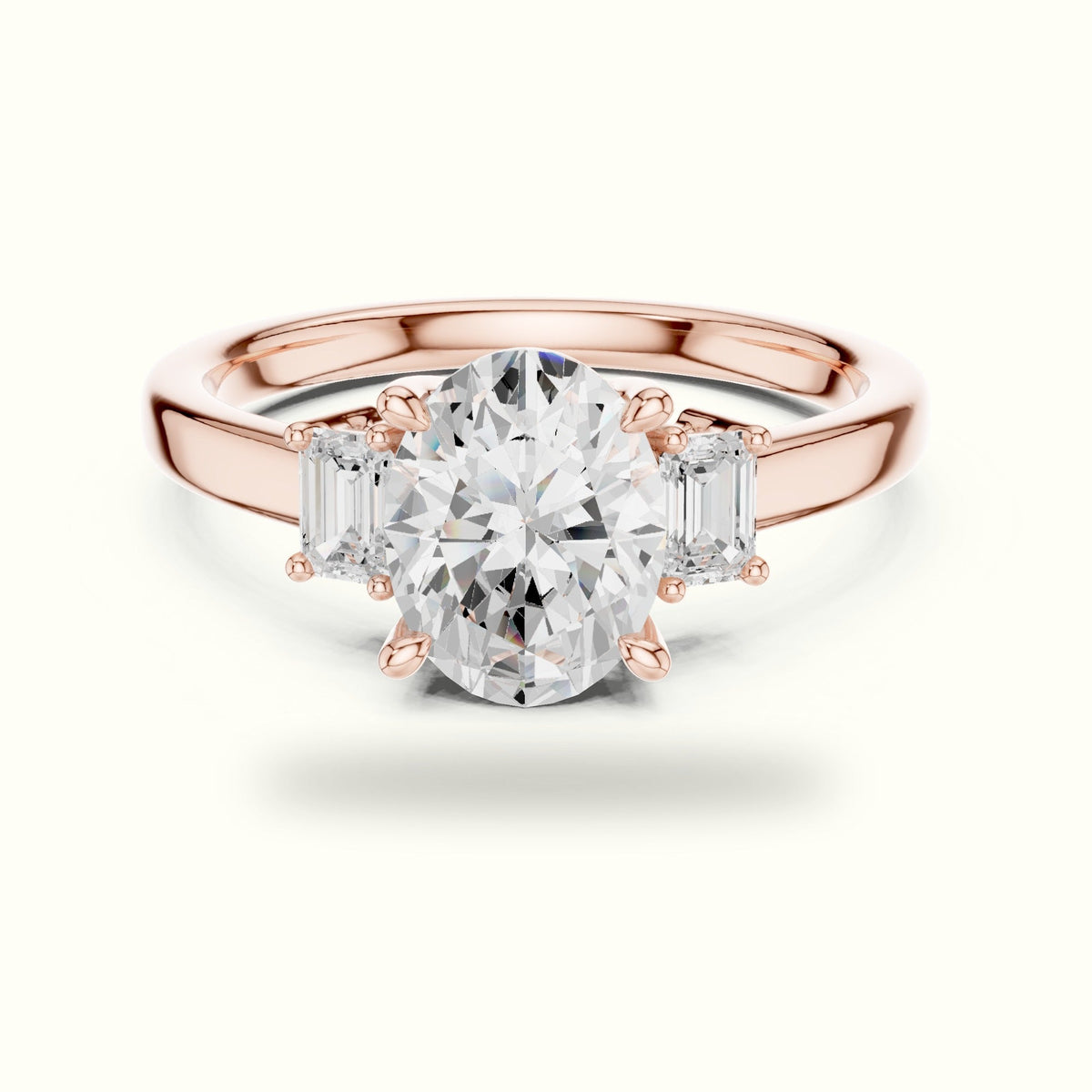 Oval Three-Stone Basket Lab-Grown Diamond Ring — Rose gold, front view | Crystal N Cuts
