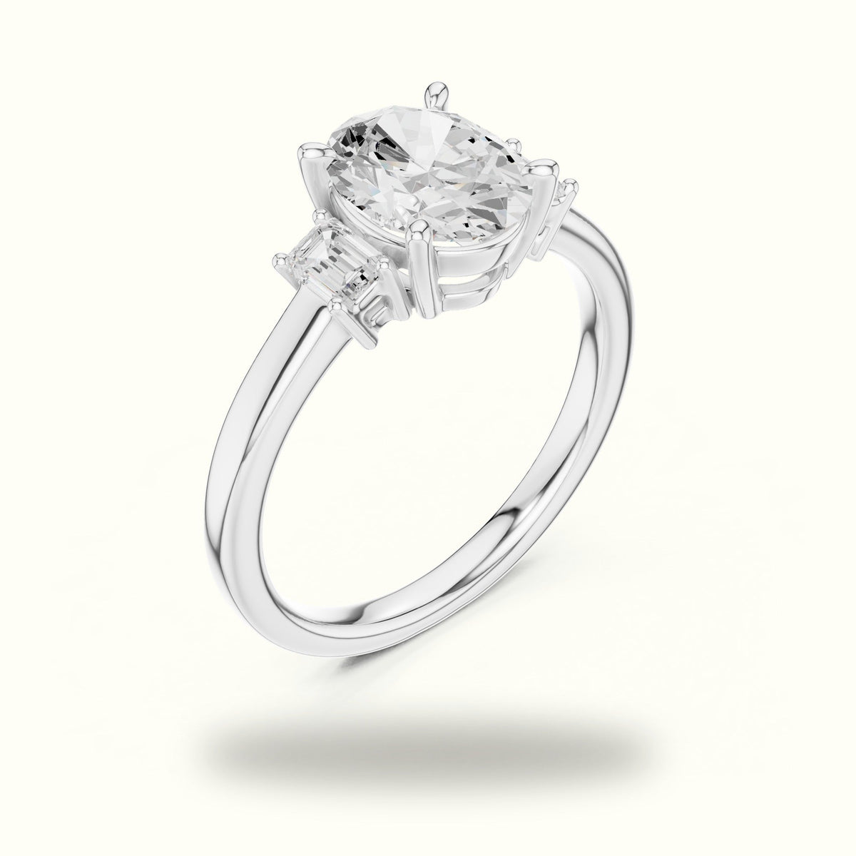 Oval Three-Stone Basket Lab-Grown Diamond Ring — White gold, view 2 | Crystal N Cuts