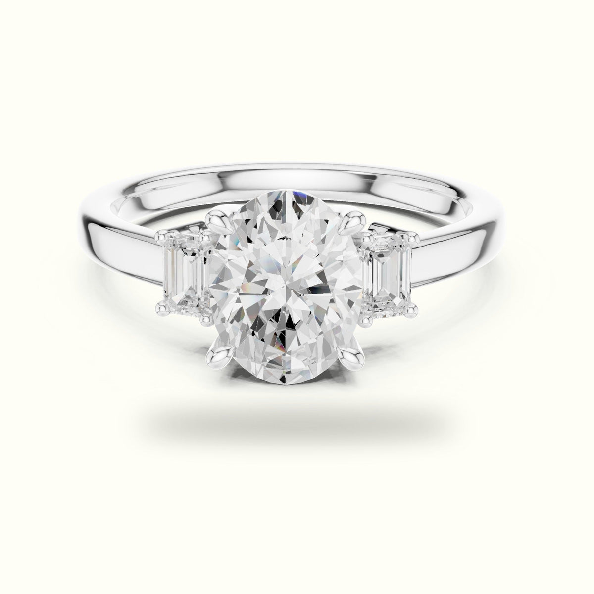 Oval Three-Stone Basket Lab-Grown Diamond Ring — White gold, front view | Crystal N Cuts